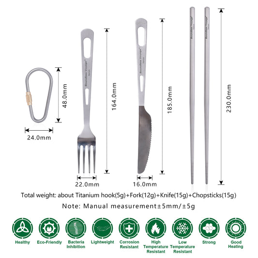 Boundless Voyage Pure Titanium 3‑Piece Cutlery Kit, For Steak, Salad, Noodles, Curry, Backpacking and Home‑Use Ti1049T
