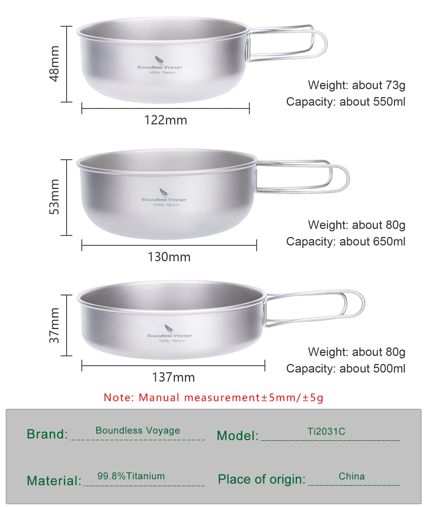 Boundless Voyage 3Pcs Pure Titanium Cookware Set, Ultralight Outdoor Camping Bowl & Frying Pan Mess Kit 500ml/550ml/650ml for Picnic Backpacking Ti2031C