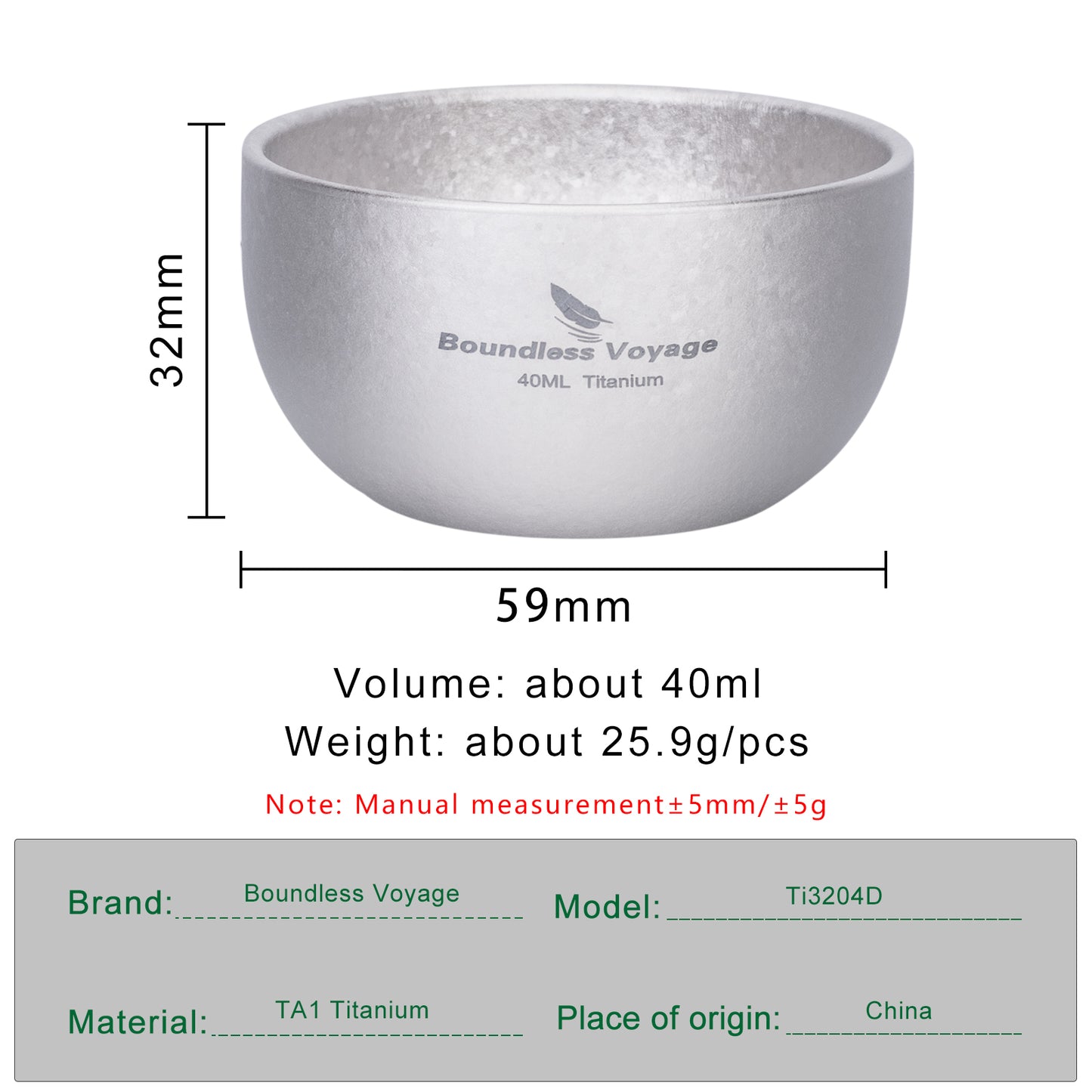 Boundless Voyage 40ml High-Temp Crystalline Finish Double-Wall Titanium Sake Cup & Kung Fu Tea Cup, Portable Mini Mug for Camping, Picnic & Daily Home Use Ti3204D