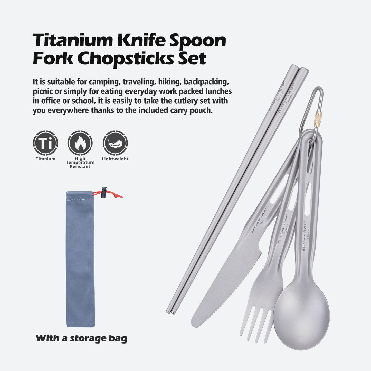 Boundless Voyage Ultralight Titanium Cutlery Set , Knife Spoon Fork Chopsticks Portable Tableware for Camping Travel  Ti1124T/Ti1125T
