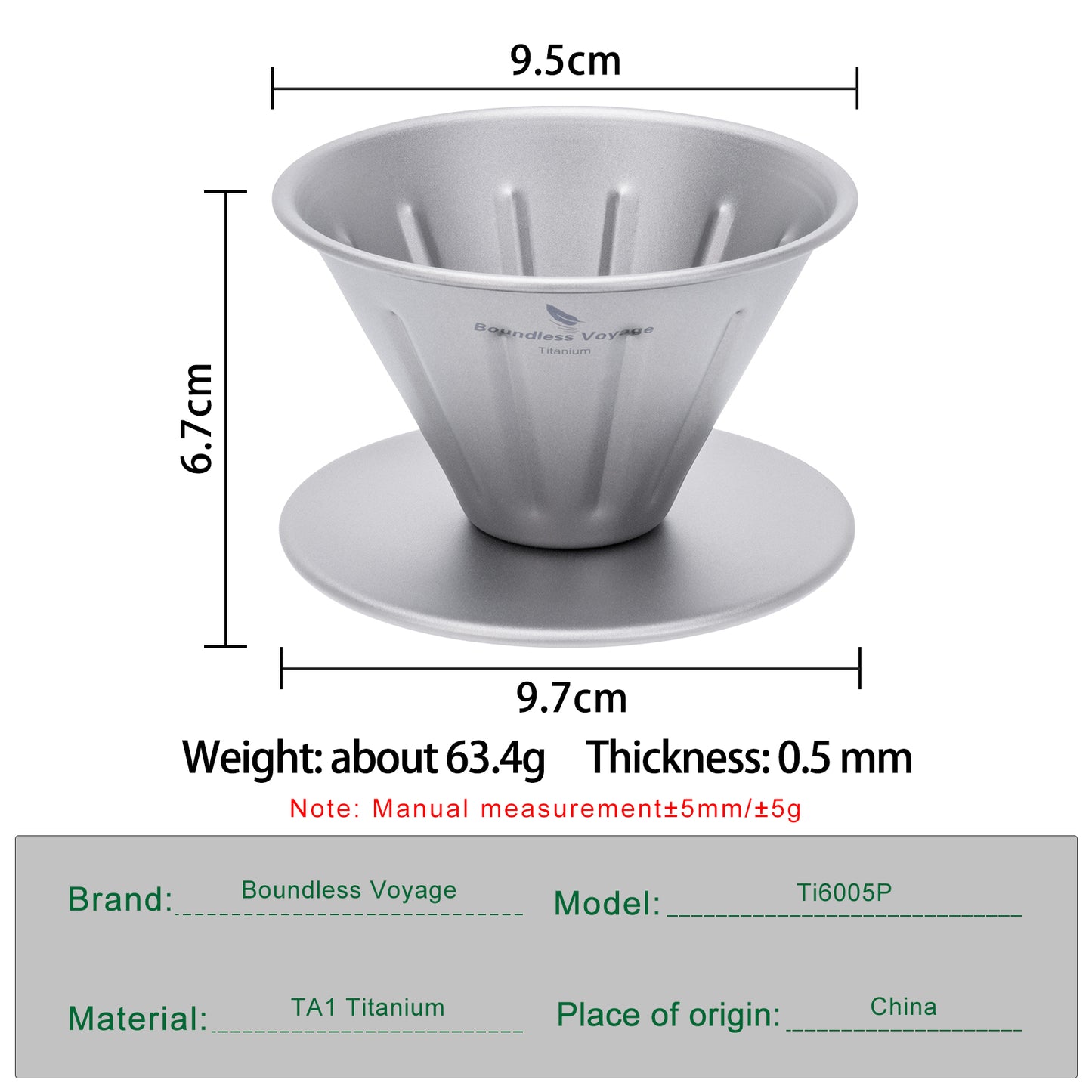 Boundless Voyage Titanium Pour Over Coffee Dripper | Reusable Cone Coffee Strainer Filter, 1-2 Cup Single Serve Coffee Brewer for Travel Camping Home Ti6005P