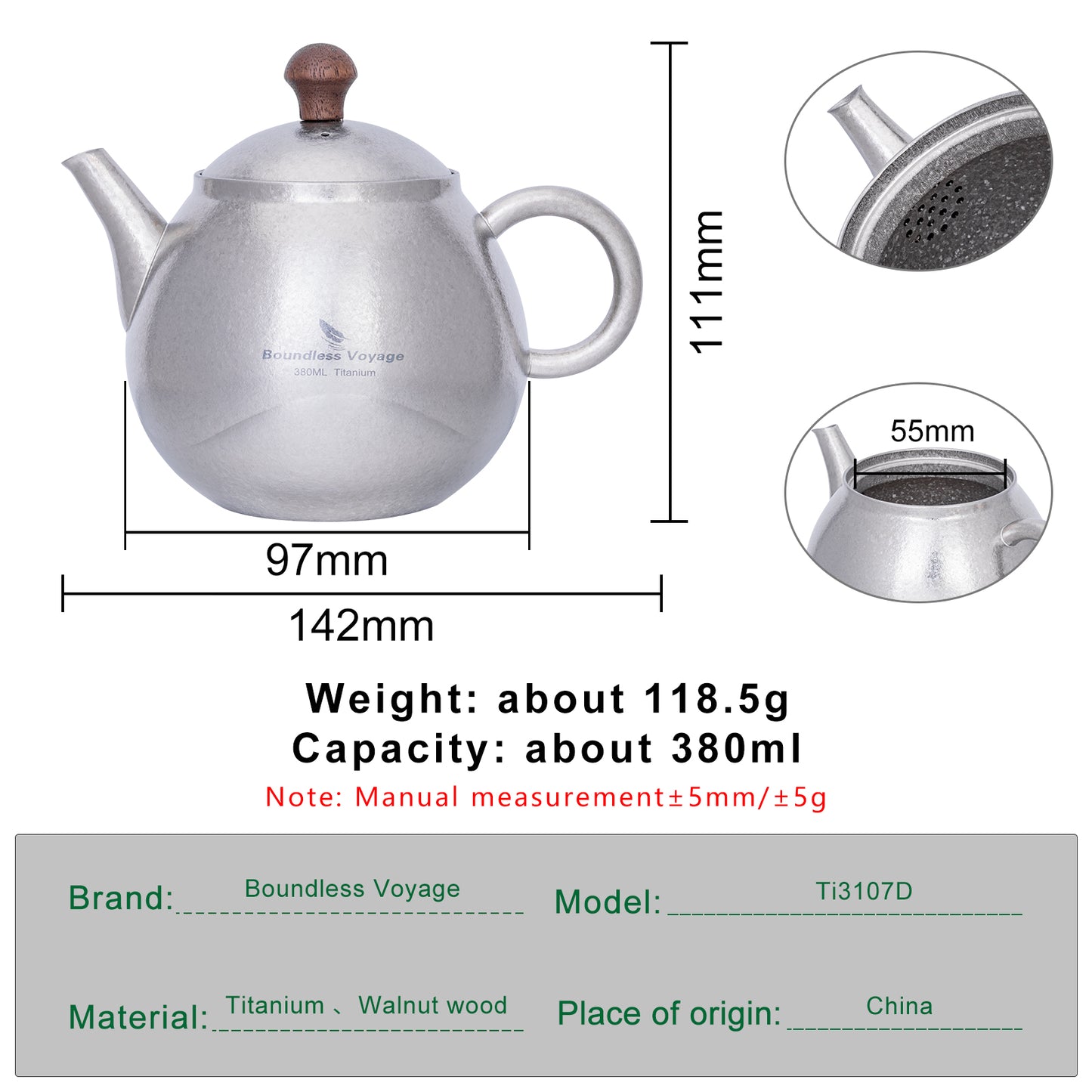 Boundless Voyage Titanium Kungfu Teapot with Lid and Handle Camping Tea Pot for Outdoor Backpacking Hiking Teapot 380ml Ti3107D