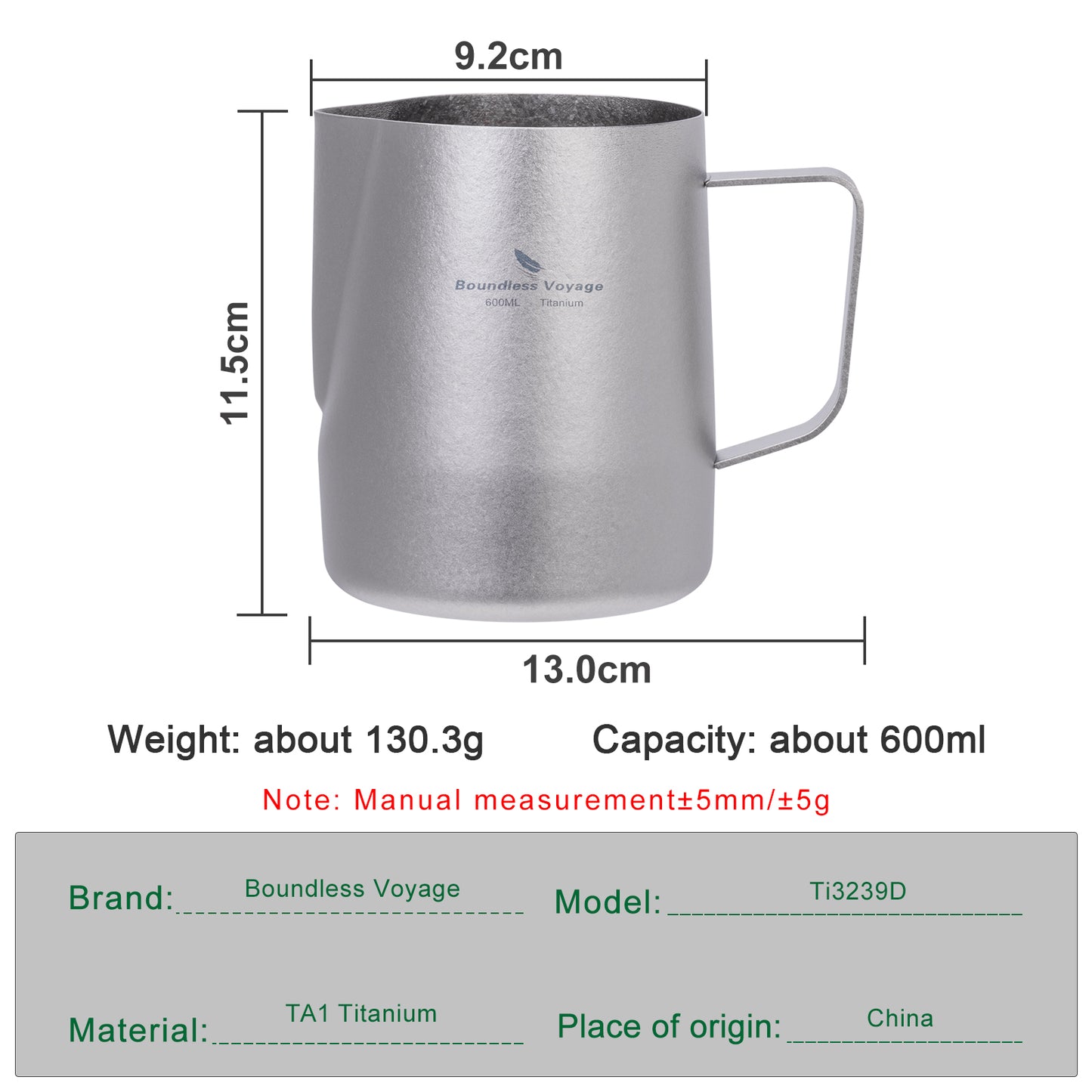 Boundless Voyage 600ml Pure Titanium Milk Frothing Pitcher, Espresso Steam Jug with Round Spout, Barista Latte Art Coffee Cup Ti3239D
