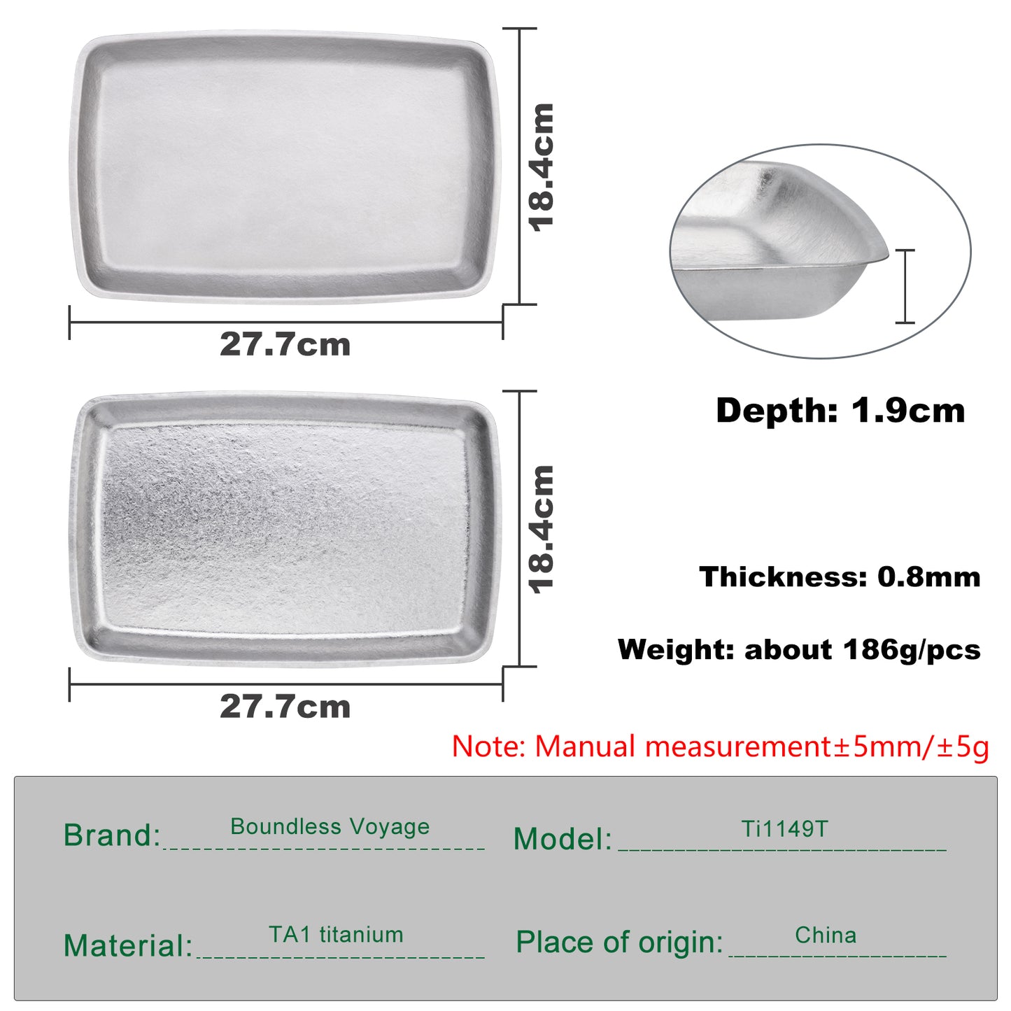 Boundless Voyage Pure Titanium Square Plate | Lightweight Heat-Resistant Portable Camping Tray, Dishwasher Safe Tableware for Home, Picnic & BBQ Ti1149T