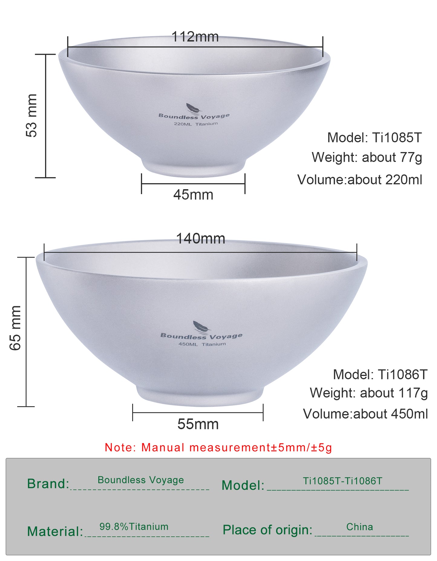 Boundless Voyage Titanium Double-Wall Bowl Set, 220ml & 450ml Nestable Anti-Scald for Family Camping Ti1085T Ti1086T