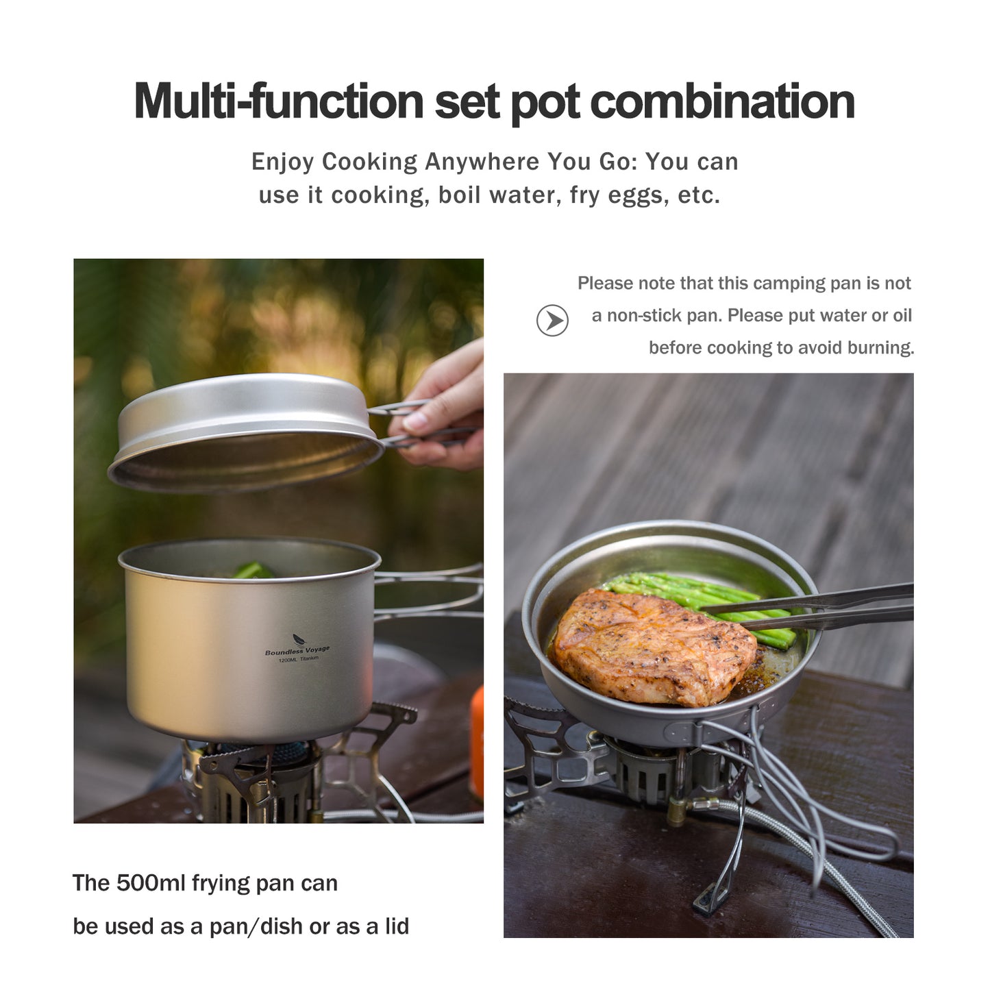 Boundless Voyage Outdoor Titanium Pot with Pan Set, Collapsible Folding Handle Portable Cookware for Camping Hiking Backpacking Cooking Ti2110C