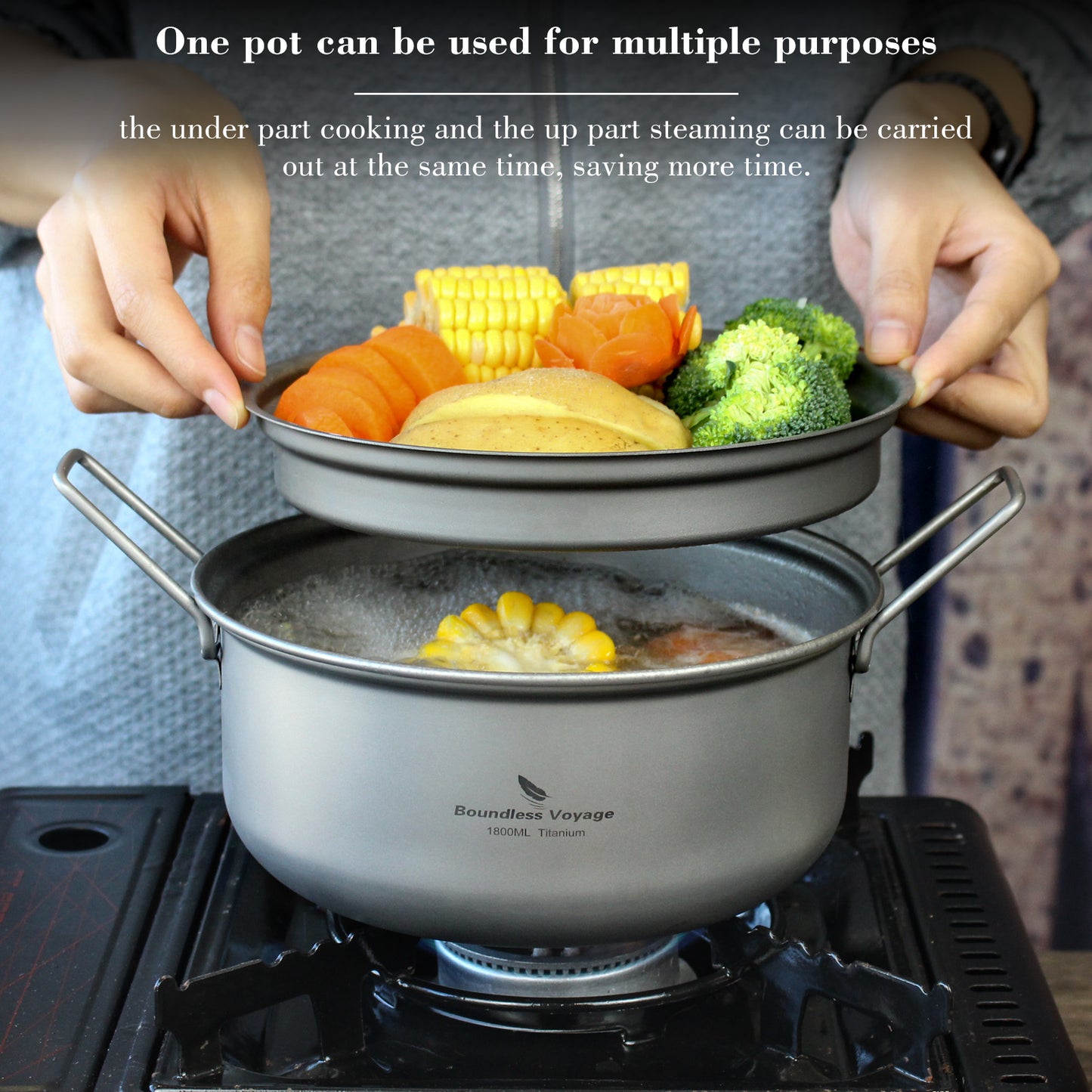 Boundless Voyage 1800ml Titanium Stockpot Steamer Set with Lid, Ultralight Outdoor Soup Pan Mess Kit for Camping, Stovetop & Campfire Use Ti2058C