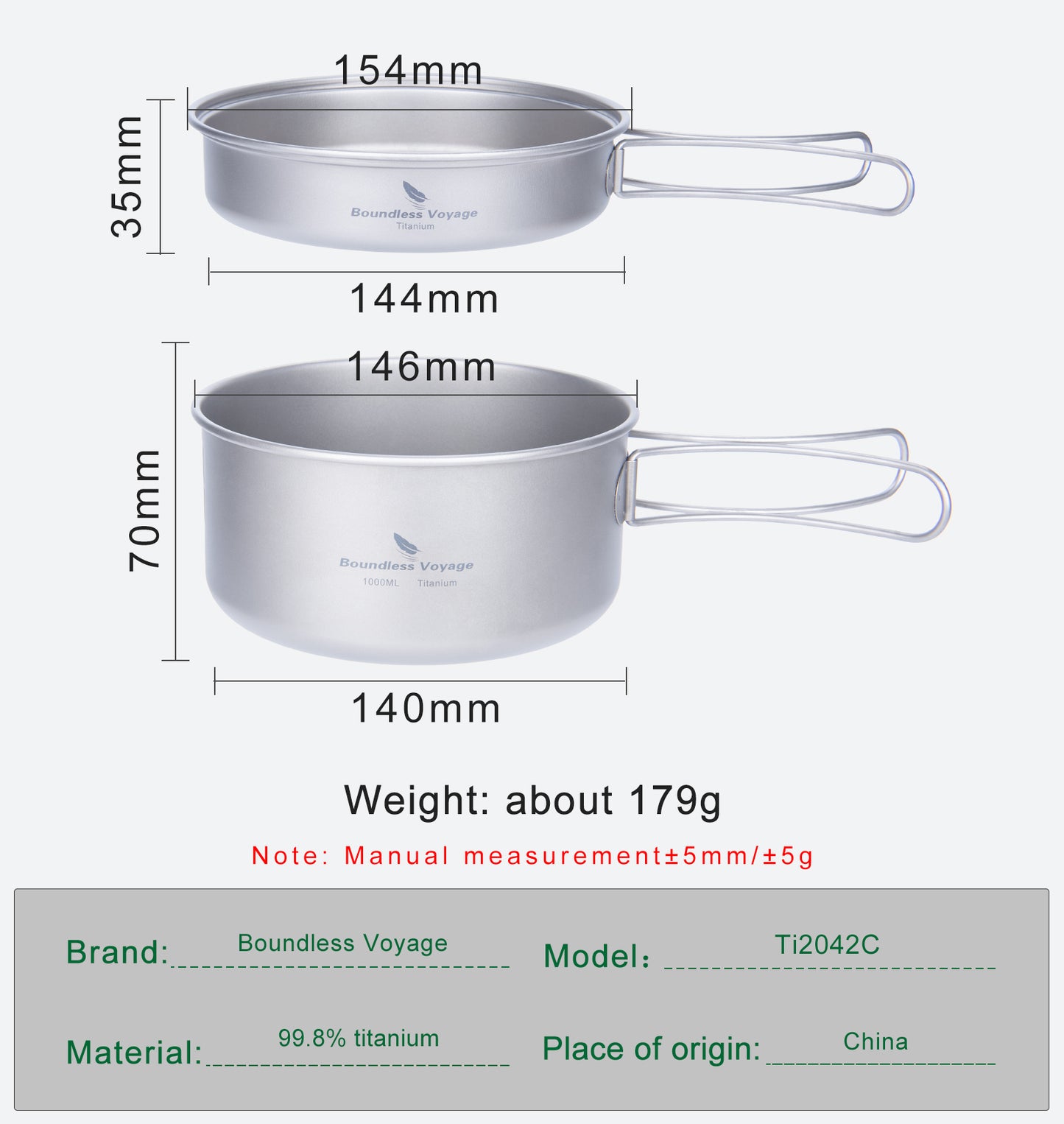 Boundless Voyage Titanium Pot & Pan Set with Collapsible Folding Handle, Portable Lightweight Cookware for Camping Hiking Backpacking Outdoor Cooking Ti2042C