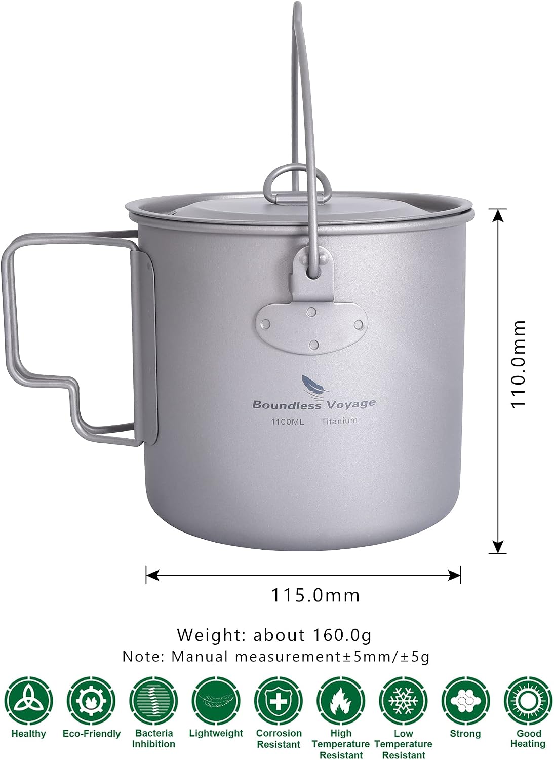 Boundless Voyage 1100ml Titanium Pot with Lid, Foldable Bail Handle Camping Cook Pot for Hiking Backpacking Ti3041D