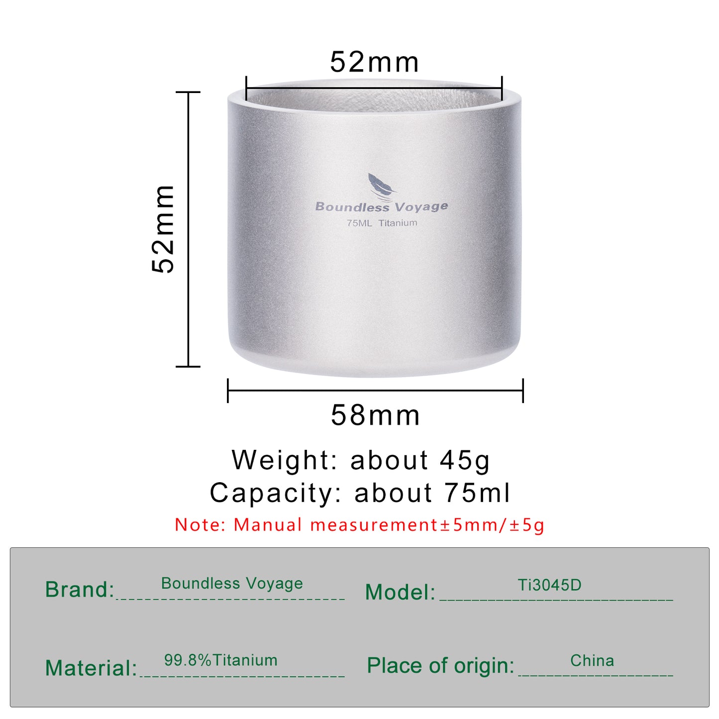 Boundless Voyage 75ml Pure Titanium Double-Wall Mug | Lightweight Heat Resistant Coffee & Tea Cup with Storage Bag, Portable Drinkware for Backpacking, Hiking, Picnic, Travel & Daily Use  Ti3045D