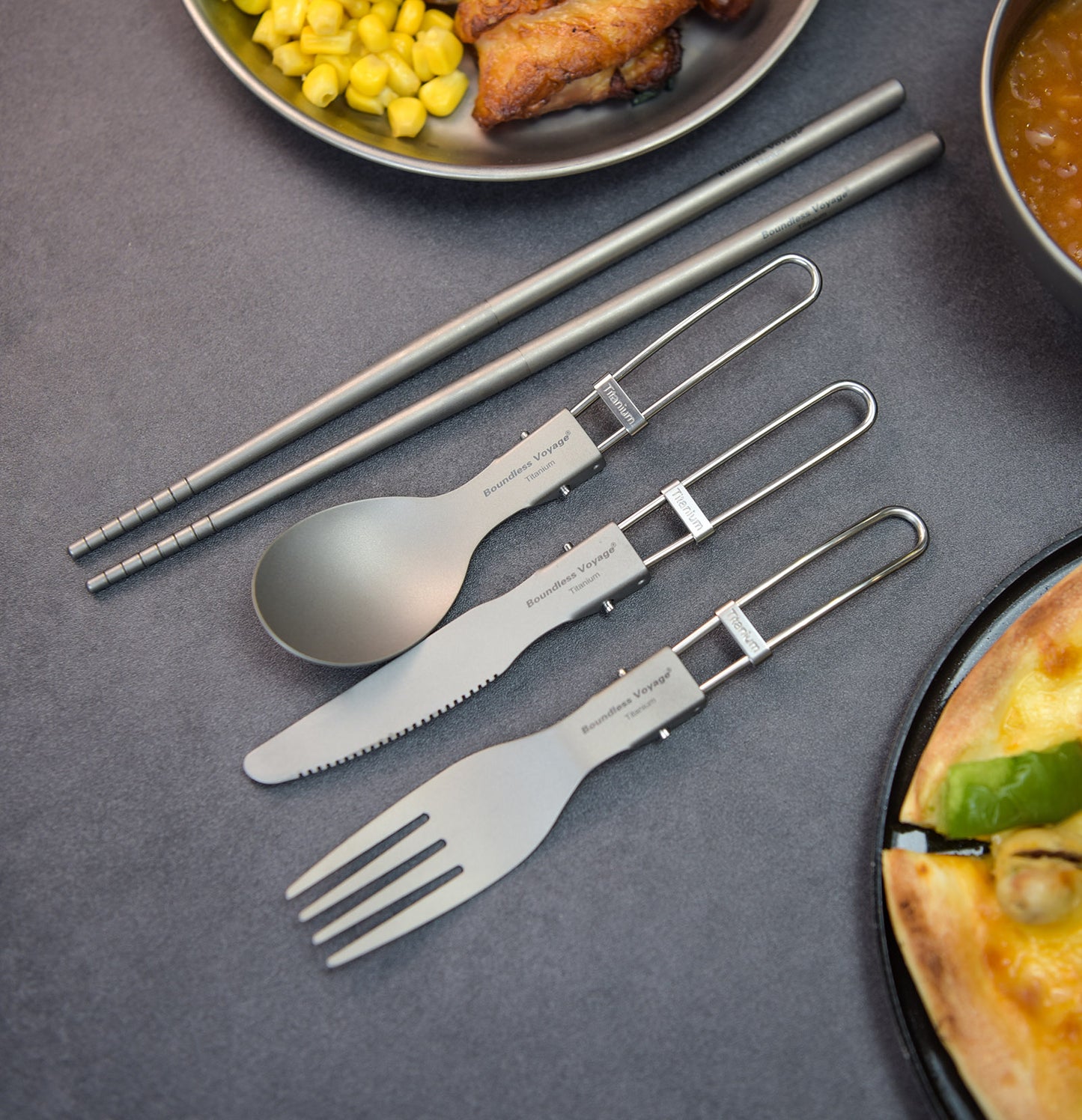 Boundless Voyage Titanium Folding Cutlery Set, 4Pcs Foldable Knife, Fork, Spoon & Chopsticks, Ultralight Portable Tableware for Camping, Hiking, Picnic & Daily Home Use Ti1123T