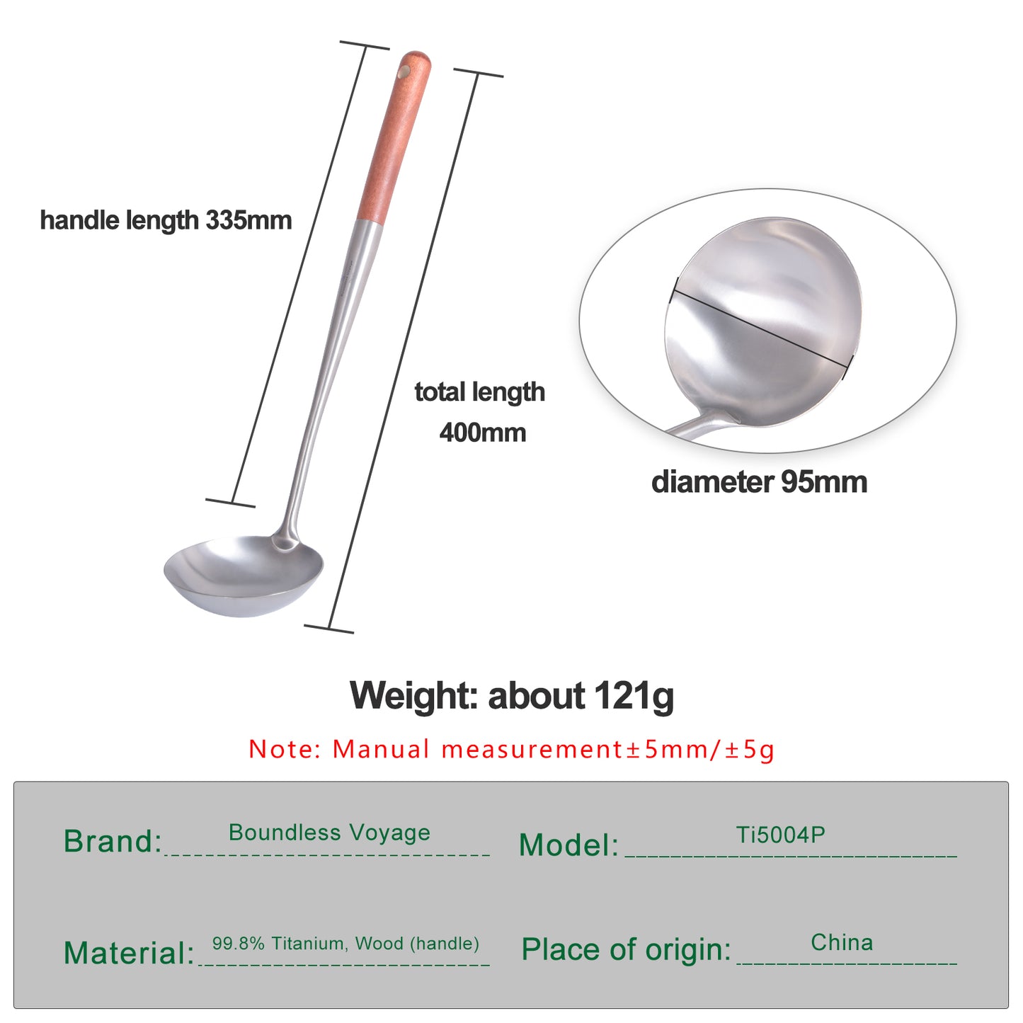 Boundless Voyage Pure Titanium Soup Ladle, Rust-Proof Durable Serving Spoon with Wooden Handle, Kitchen Utensil for Cooking Gravy & Sauces Home Outdoor Use Ti5004P
