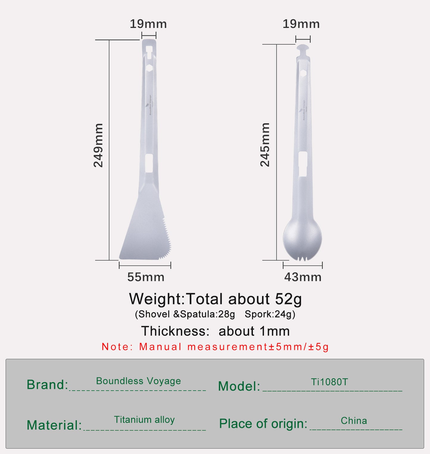 Boundless Voyage Titanium Alloy 4-in-1 Multi Utensil, Integrated Tong Spork Shovel Spatula, Lightweight Portable Cookware for Camping Backpacking Travel Outdoor Cooking Ti1080T