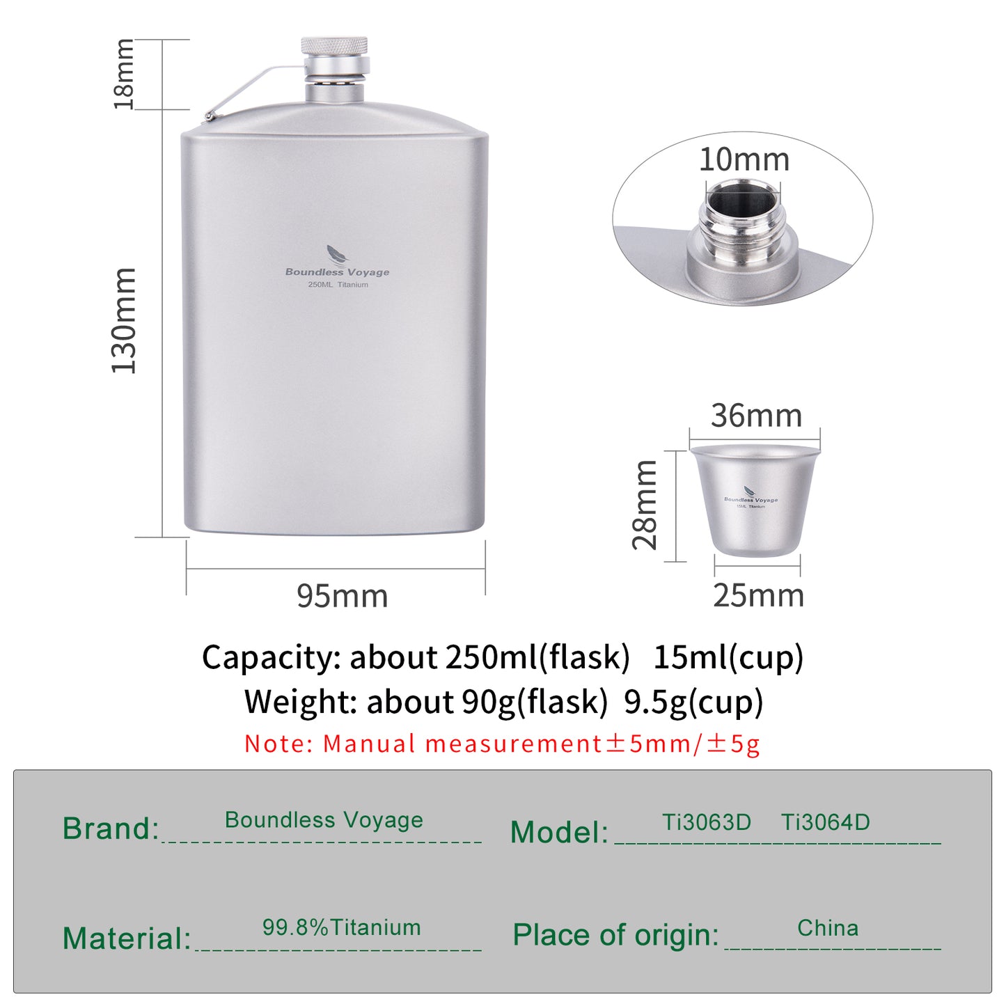 Boundless Voyage Titanium Ultralight Hip Flask 250ml Portable Wine Bottle with Funnel Camping Picnic Pocket Whiskey Alcohol Drinkware Accessories Ti3063D-Ti3064D