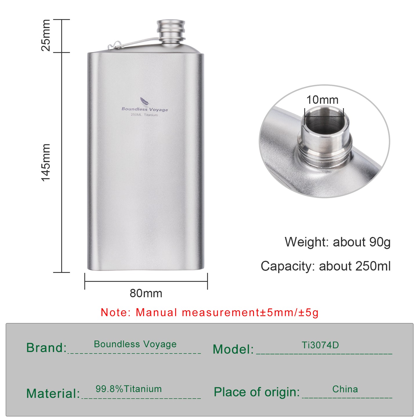 Boundless Voyage 250ml Titanium Hip Flask Ultralight Durable Camping Flask Bottle for Whiskey Vodka Wine Outdoor Travel Equipment Ti3074D