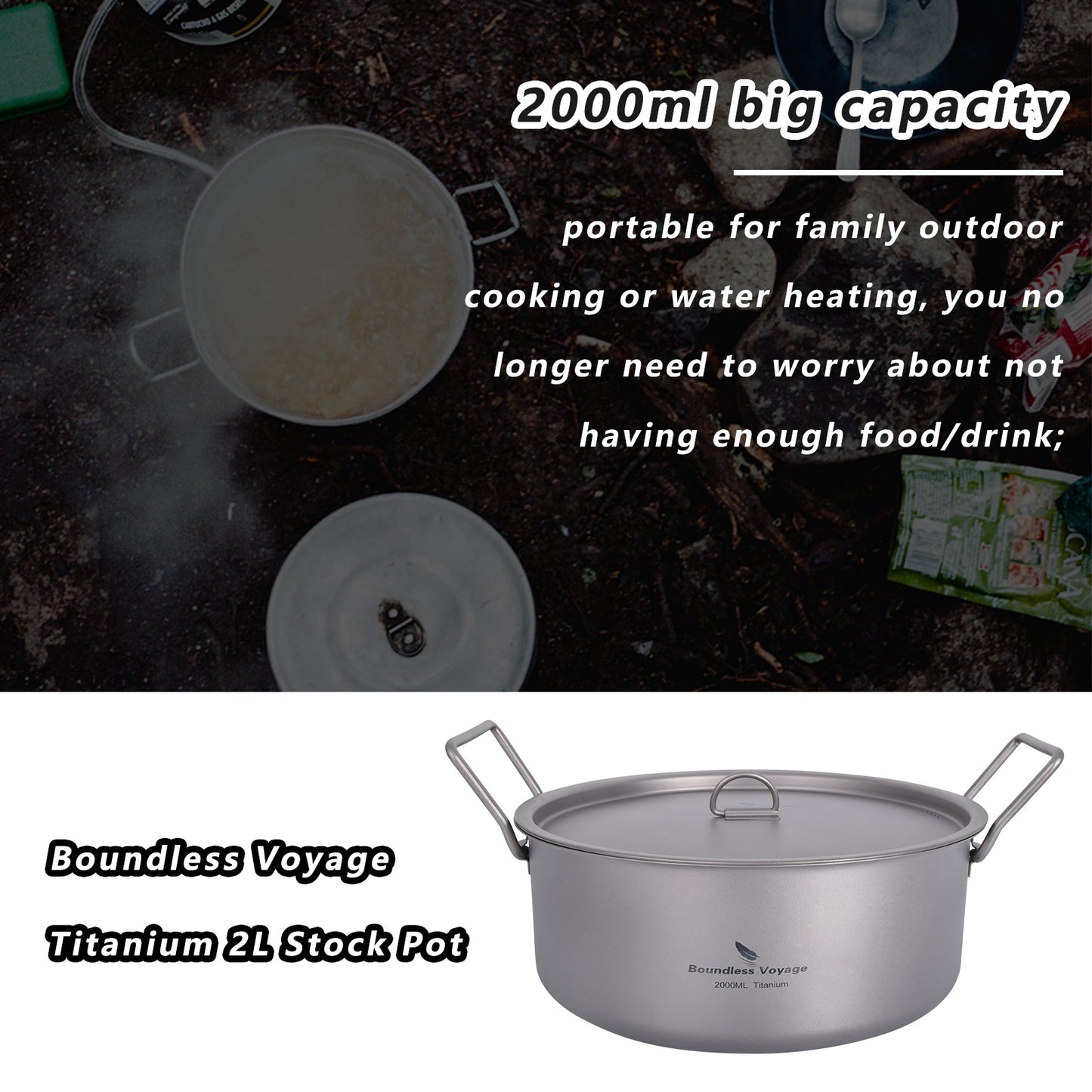 Boundless Voyage 2L Titanium Stock Pot with Lid and Folding Handle, Portable Lightweight Soup Pot for Outdoor Camping Hiking Picnic  Ti2054C