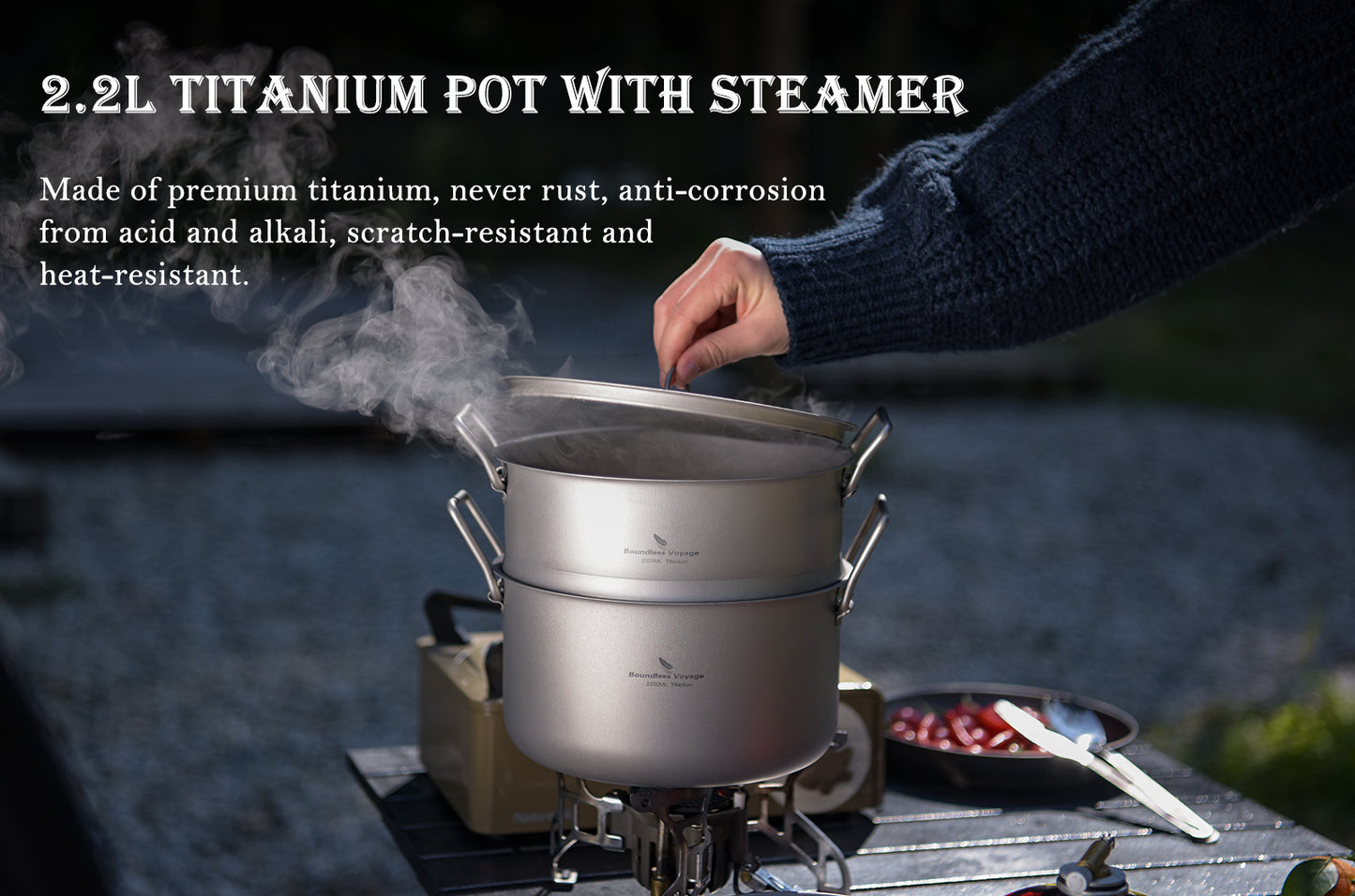 Boundless Voyage Titanium Soup Pot & Steamer Set 2.2L, Foldable Handle Camping Cookware for Hiking Kitchen Ti2111C