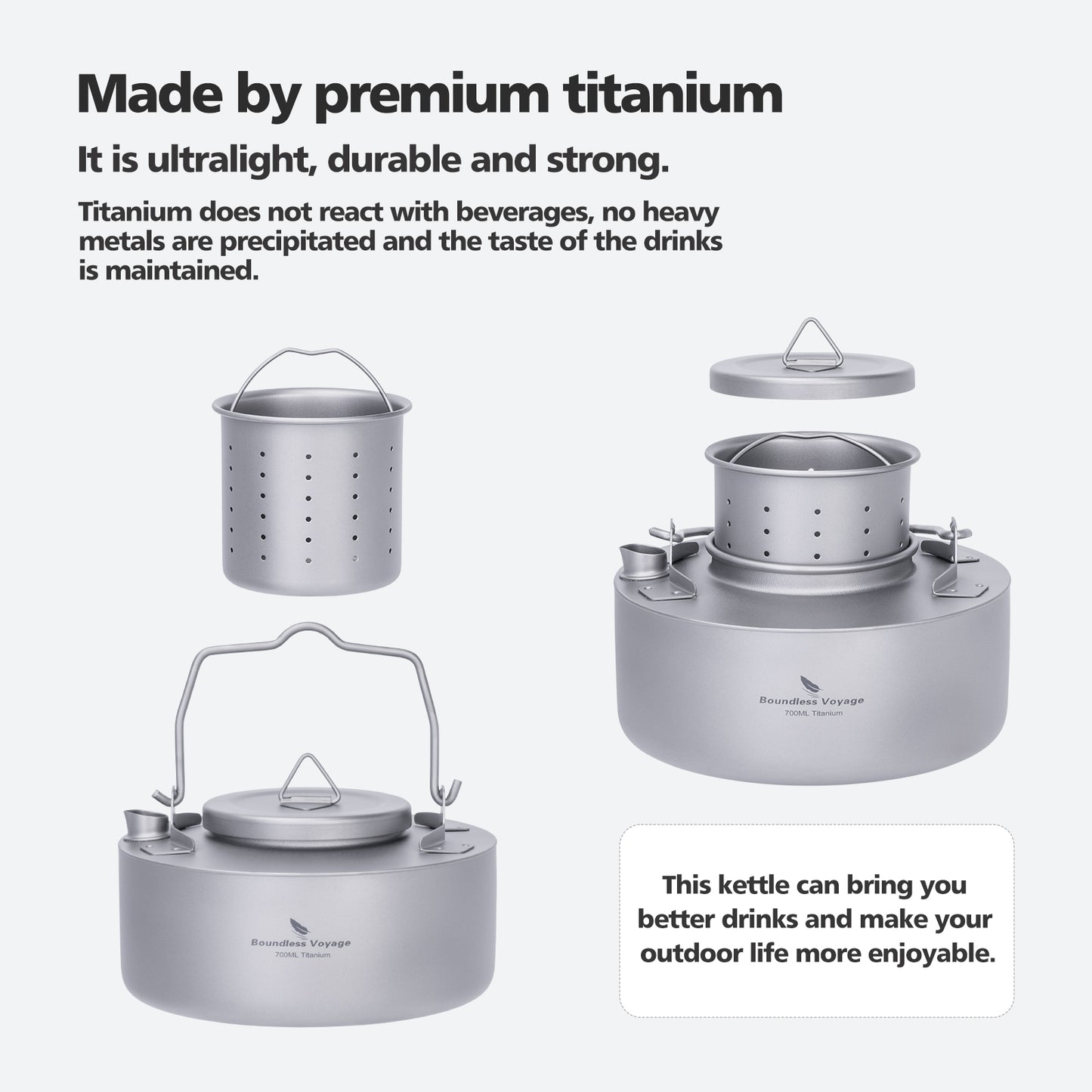 Boundless Voyage 700ml Ultralight Titanium Camping Kettle with Foldable Handle, Single-Layer Open Fire Bushcraft Water Pot Ti3103D / Ti3104D