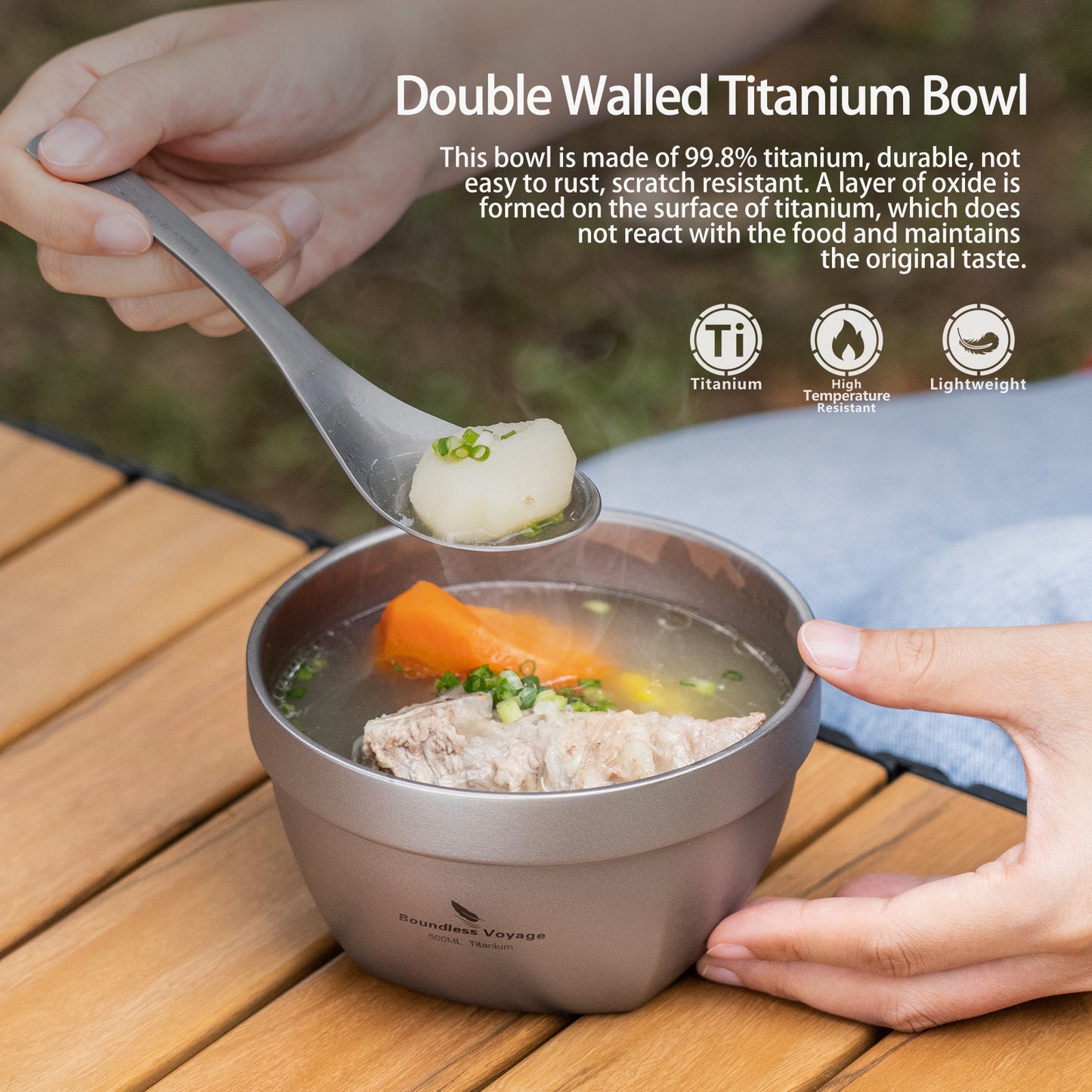 Boundless Voyage Sandblasted Double Walled Pure Titanium Bowl 500ml / 800ml | Ultralight Portable Metal Tableware for Oatmeal, Rice, Soup, Outdoor Camping & Daily Home Use Ti1161T-Ti1163T