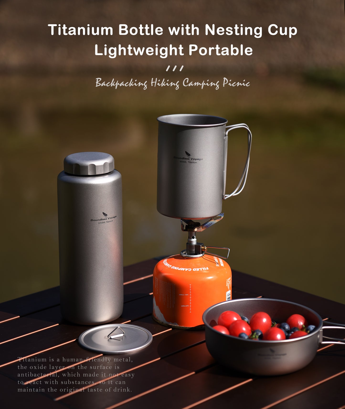 Boundless Voyage 1050ml Titanium Water Bottle with 600ml Flat Lid Nesting Cup, Portable Pure Titanium Survival Canteen Mug Kit, Lightweight Travel Tableware for Hiking Bushcraft Picnic Ti3007D