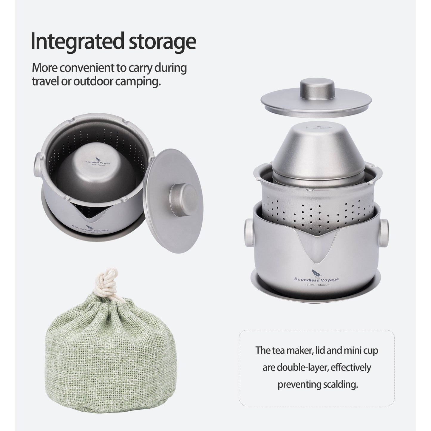 Boundless Voyage 180ml Sandblasted Finish Titanium Double-Layer Tea Maker with Lid Filter Ultralight Teapot with Double-Walled Anti-scalding Coffee Cup MugTi3136D / Ti3137D