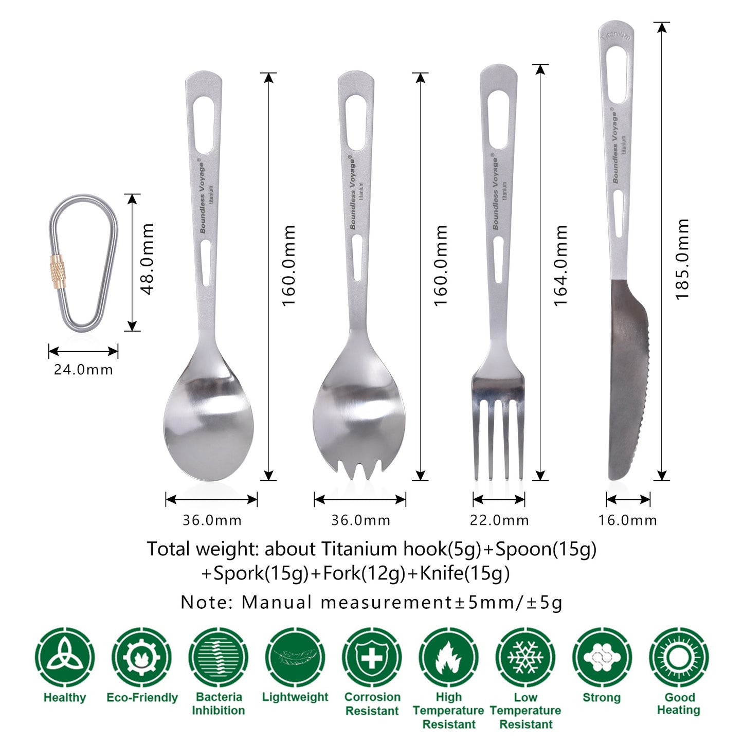 Boundless Voyage 4‑Pcs Titanium Cutlery Set Including Spork, Spoon, Fork and Dinner Knife,&nbsp; Ideal for Steak, Salad, Noodles and Curry, Portable Tableware Kit for Outdoor Travel, Office, School and Household Use Ti1052T