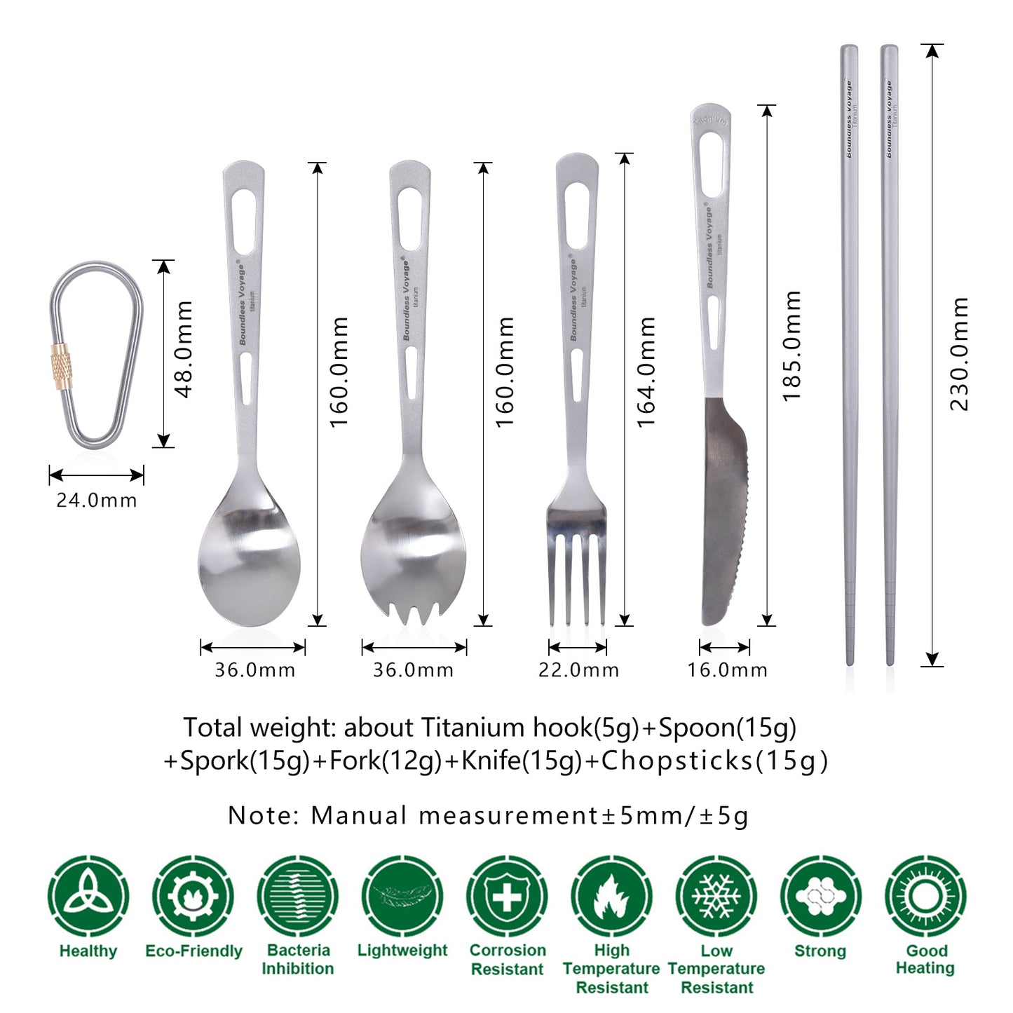 Boundless Voyage 5‑Pcs Titanium Cutlery Set with Spork, Spoon, Fork, Dinner Knife & Square Chopsticks, Ideal for Steak, Salad, Noodles and Curry, Portable Tableware Kit for Outdoor Travel, Office, School and Household Use Ti1054T
