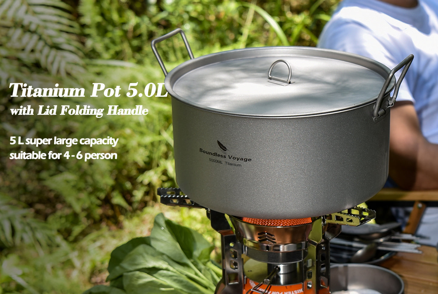 Boundless Voyage 5L Titanium Stock Pot with Lid & Folding Handle, Large Capacity Portable Soup Pot for Outdoor Camping Hiking Picnic & Home Kitchen Ti2104C