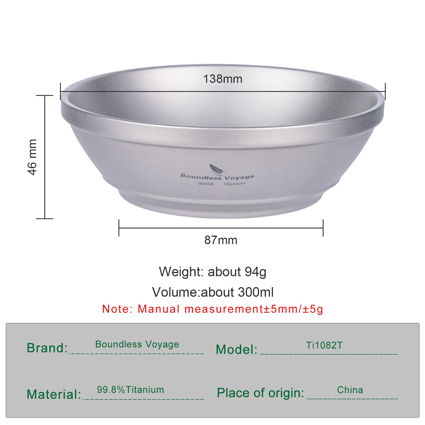 Boundless Voyage 300ml Titanium Double-Wall Bowl, Ultralight Camping Bowl for Hiking Outdoor Home Ti1082T