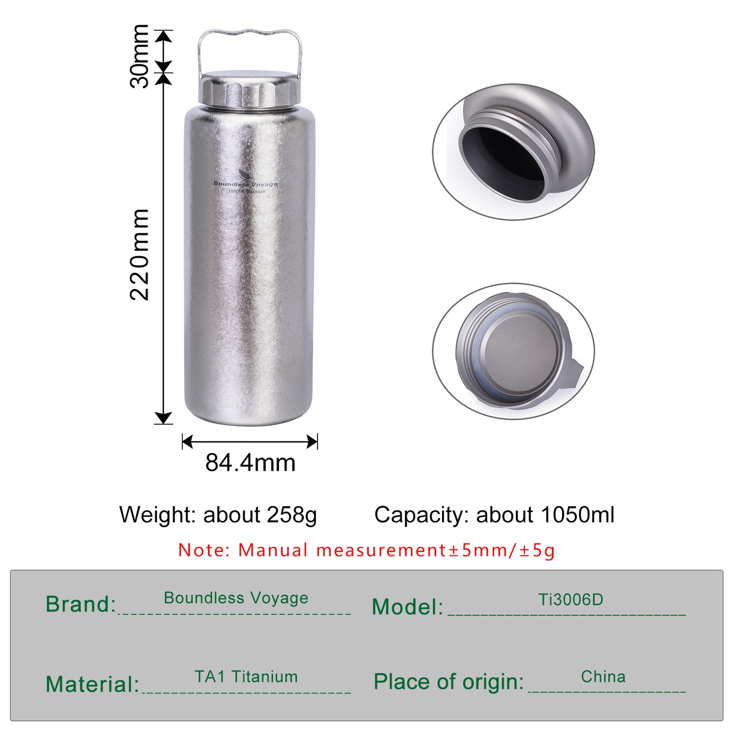 Boundless Voyage Titanium Water Bottle 1050ml/35.5 oz with Handle Outdoor Leak-Proof Wide Mouth Sport Drinking Bottle Camping Tea Coffee Canteen Kettle for Hiking Climbing Running Ti3006D