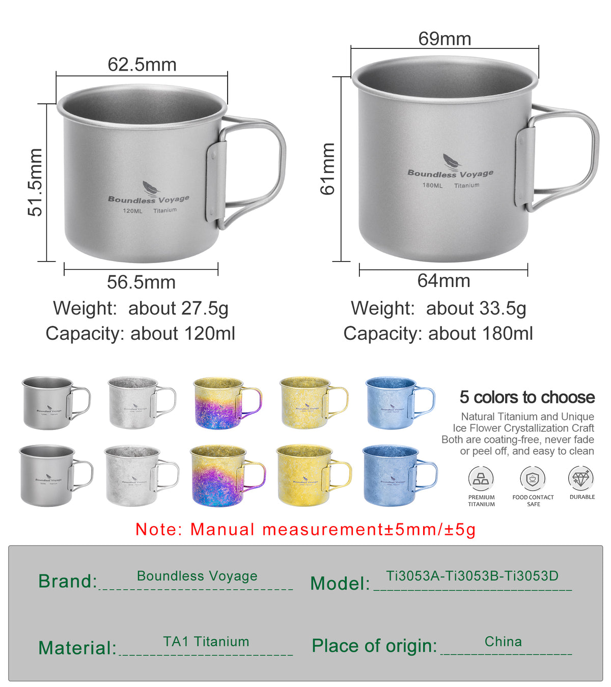 Boundless Voyage Pure Titanium Mini Cup with Folding Handle for Camping Ti3053A-Ti3053C