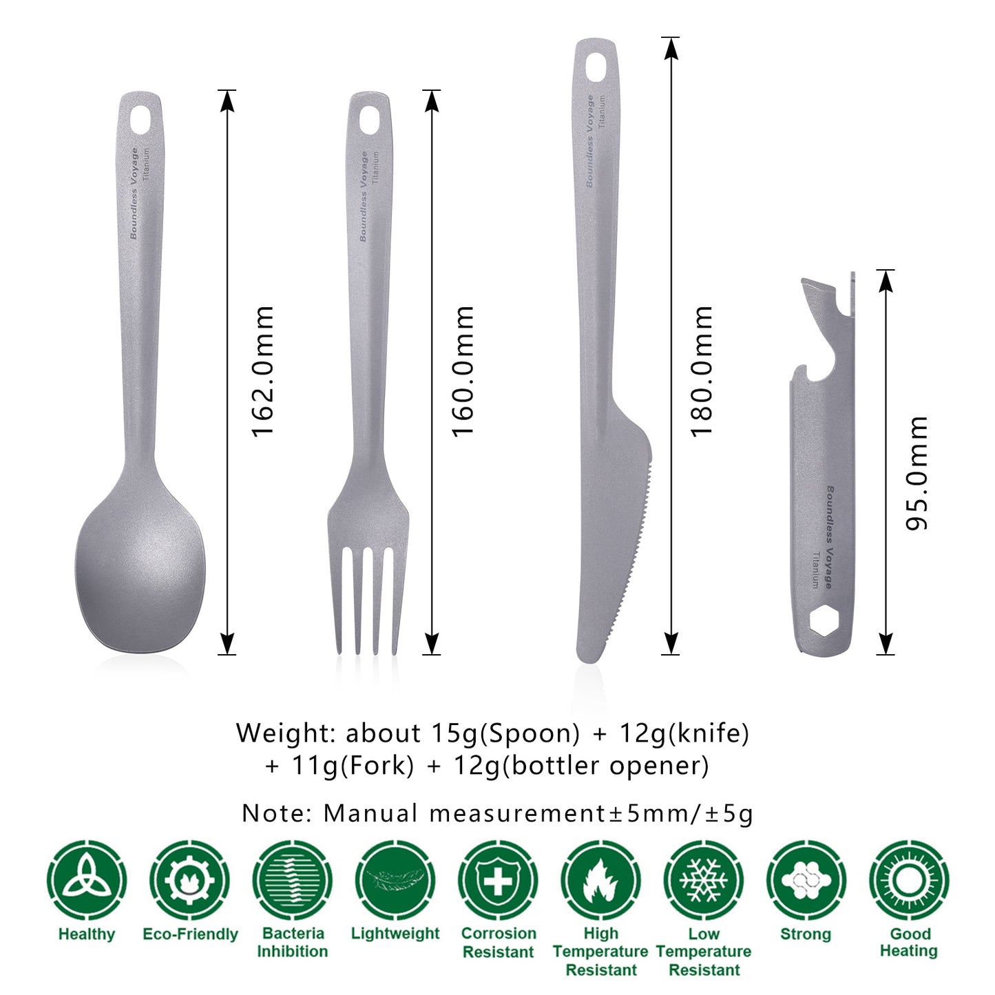 Boundless Voyage Utility Titanium Cutlery Set, Spoon Fork Knife with Built-In Bottle Opener, Portable Travel Camping Tableware with Easy Storage Cloth Case Ti1066T