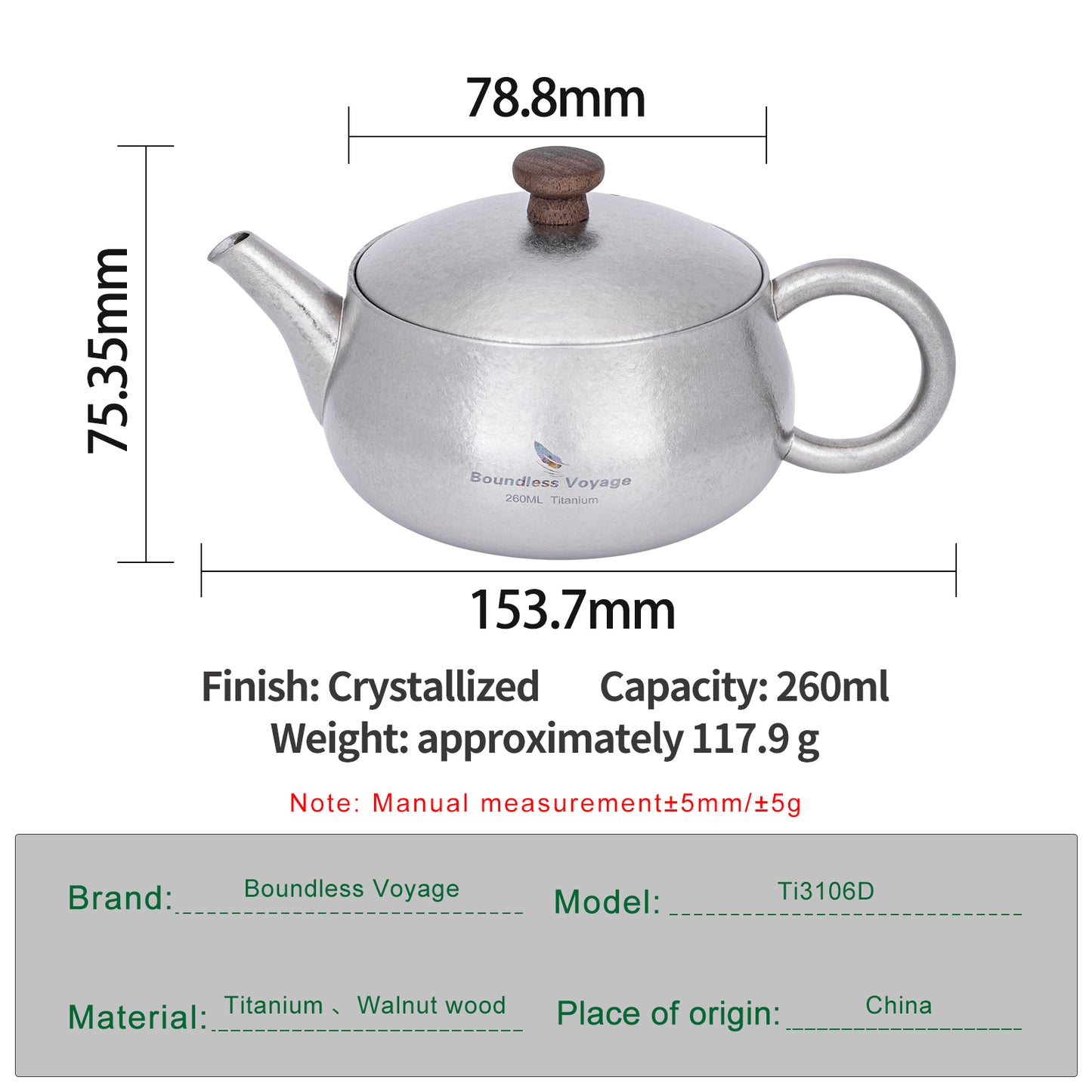 Boundless Voyage 260ml Titanium Teapot with Filter Travel Tea Kettle Durable Chinese Kung Fu Tea Set Ti3106D