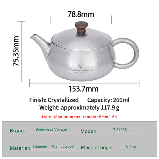 Boundless Voyage 260ml Titanium Teapot with Filter Travel Tea Kettle Durable Chinese Kung Fu Tea Set Ti3106D