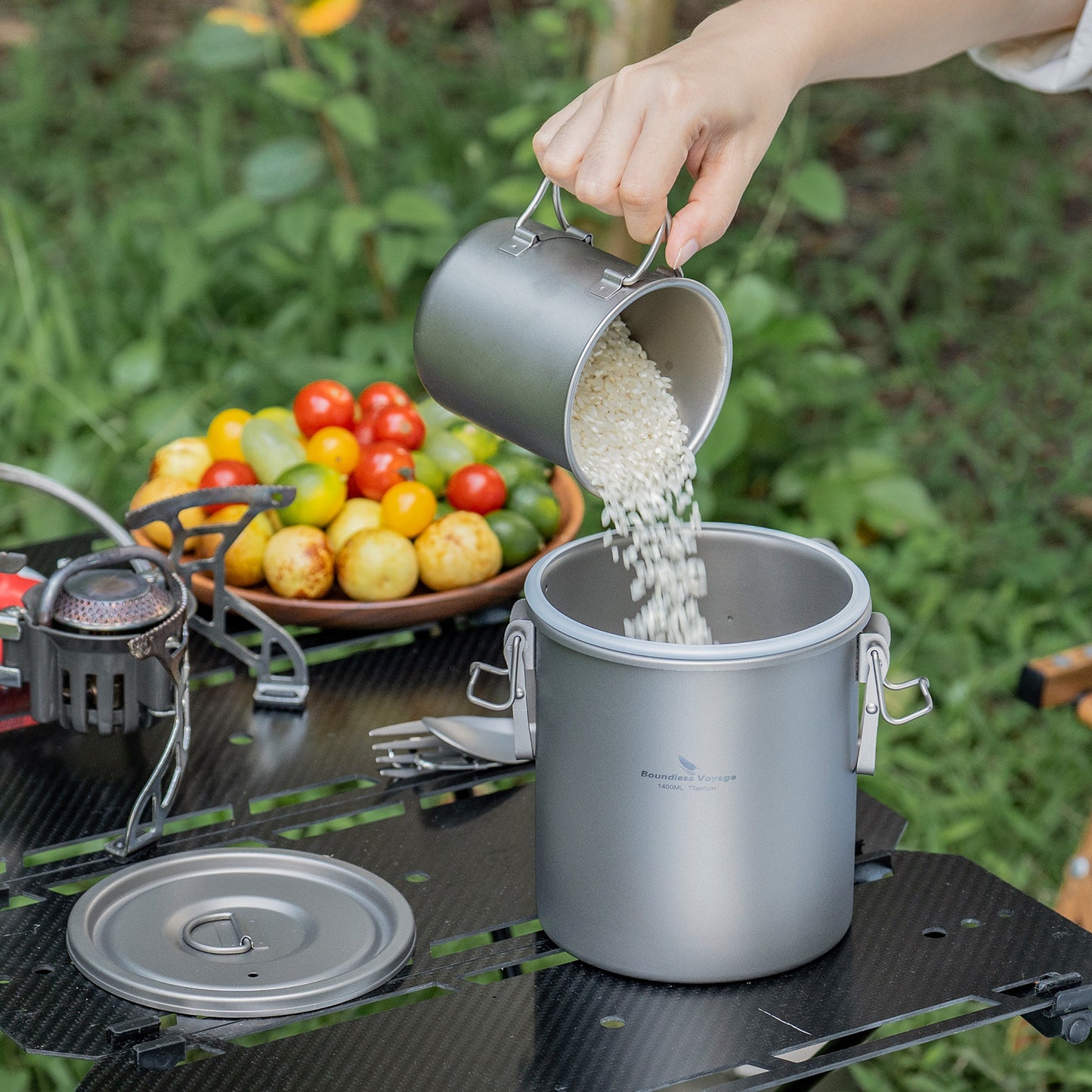 Boundless Voyage Sandblasted Matte Finish Ultralight Titanium Camping Rice Cooker Pot, 1.4L Outer Pot with 0.9L Inner Container, Portable Cookware for Hiking, Travel & Outdoor Camping Ti2093C