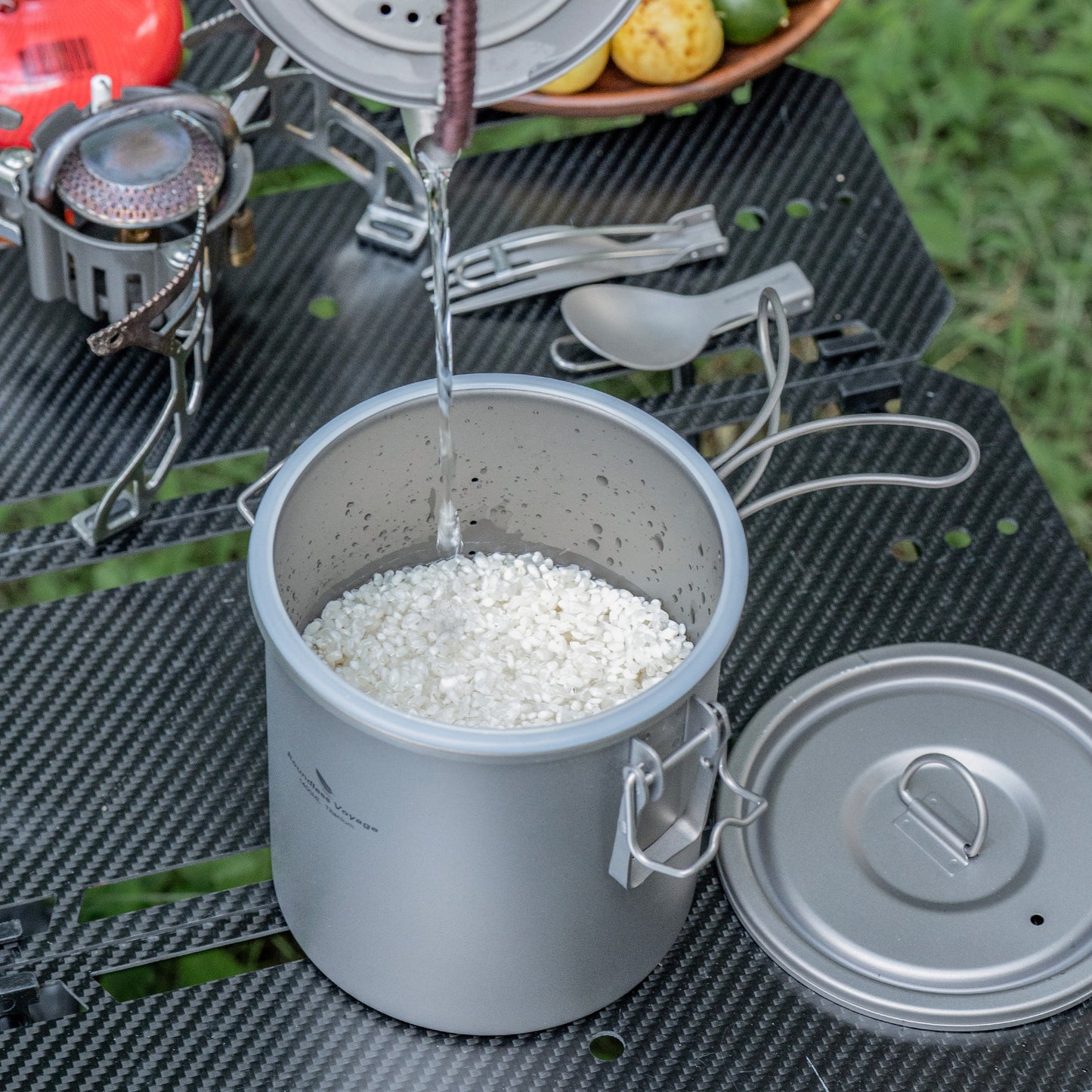 Boundless Voyage Sandblasted Matte Finish Ultralight Titanium Camping Rice Cooker Pot, 1.4L Outer Pot with 0.9L Inner Container, Portable Cookware for Hiking, Travel & Outdoor Camping Ti2093C