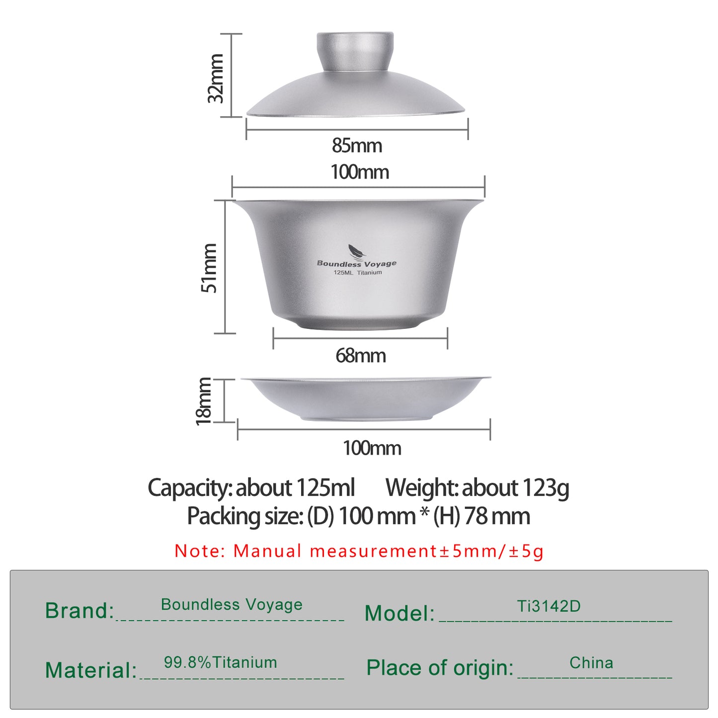 Boundless Voyage 125ml Sandblasted Finish Titanium Double-Walled Teapot, Traditional Chinese Three-Talent Triad Covered Tea Bowl Kung Fu Gaiwan,Anti-Scald Tea Set for Home Tea Ceremony & Camping Ti3142D