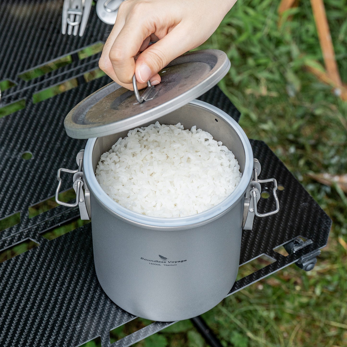 Boundless Voyage Sandblasted Matte Finish Ultralight Titanium Camping Rice Cooker Pot, 1.4L Outer Pot with 0.9L Inner Container, Portable Cookware for Hiking, Travel & Outdoor Camping Ti2093C