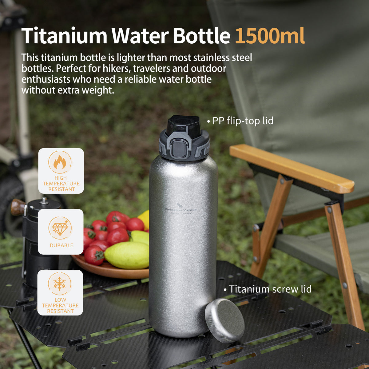 Crystallized silver titanium water bottle with dual lids displayed on outdoor camping table
