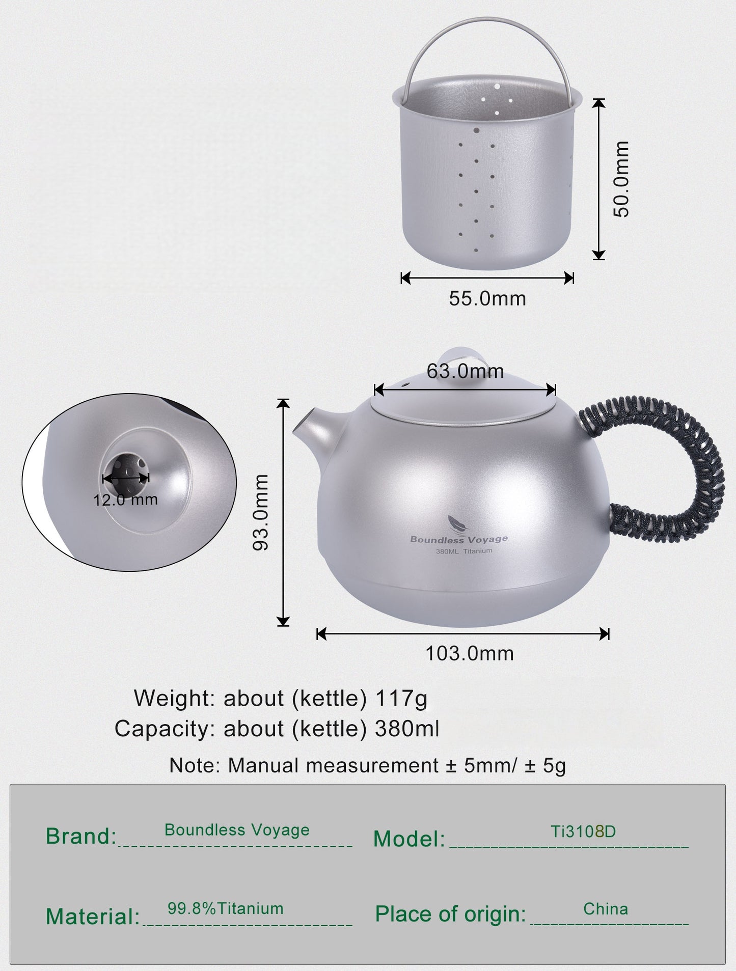 Boundless Voyage 380ml Titanium Teapot with Removable Filter, Ultralight Portable Tea Kettle for Camping Travel Home Ti3108D