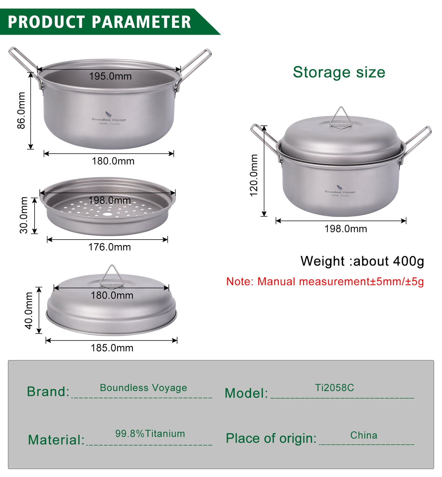 Boundless Voyage 1800ml Titanium Stockpot Steamer Set with Lid, Ultralight Outdoor Soup Pan Mess Kit for Camping, Stovetop & Campfire Use Ti2058C