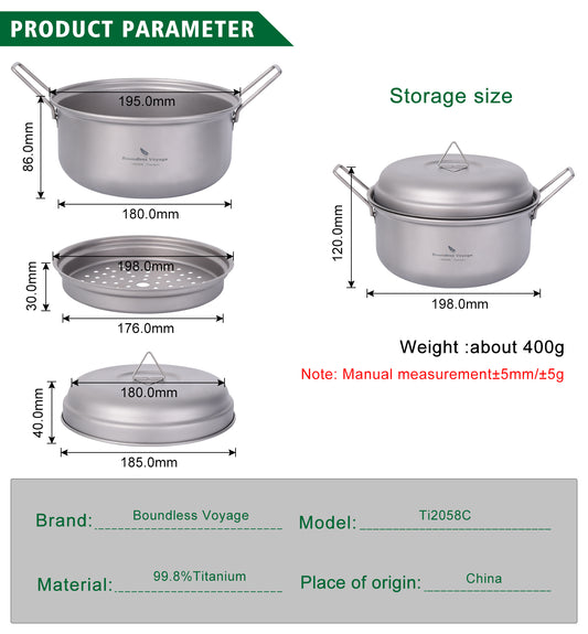 Boundless Voyage 1800ml Titanium Stockpot Steamer Set with Lid, Ultralight Outdoor Soup Pan Mess Kit for Camping, Stovetop & Campfire Use Ti2058C