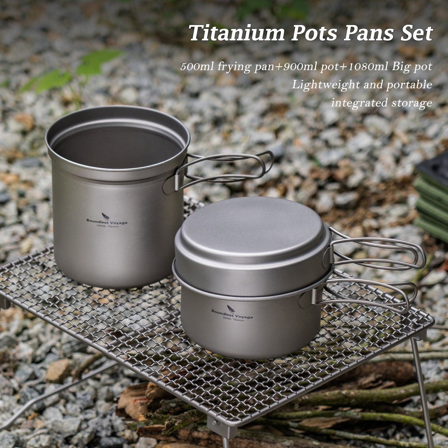 Boundless Voyage Titanium Camping Pots & Pans Set Foldable Handle, 500ml 900ml 1080ml Ultralight Cookware Kit for 1-2 Person Hiking Picnic Ti2034C/Ti2035C/Ti2036C