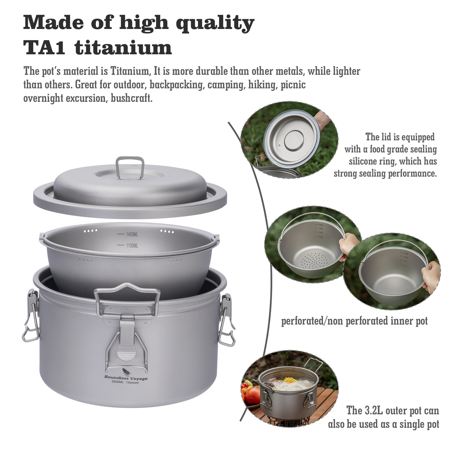 Boundless Voyage Titanium Camping Pot Multifunctional Cooker Ultralight Rice Cooker for Outdoor, Hiking, Travelling Ti2088C-Ti2092C