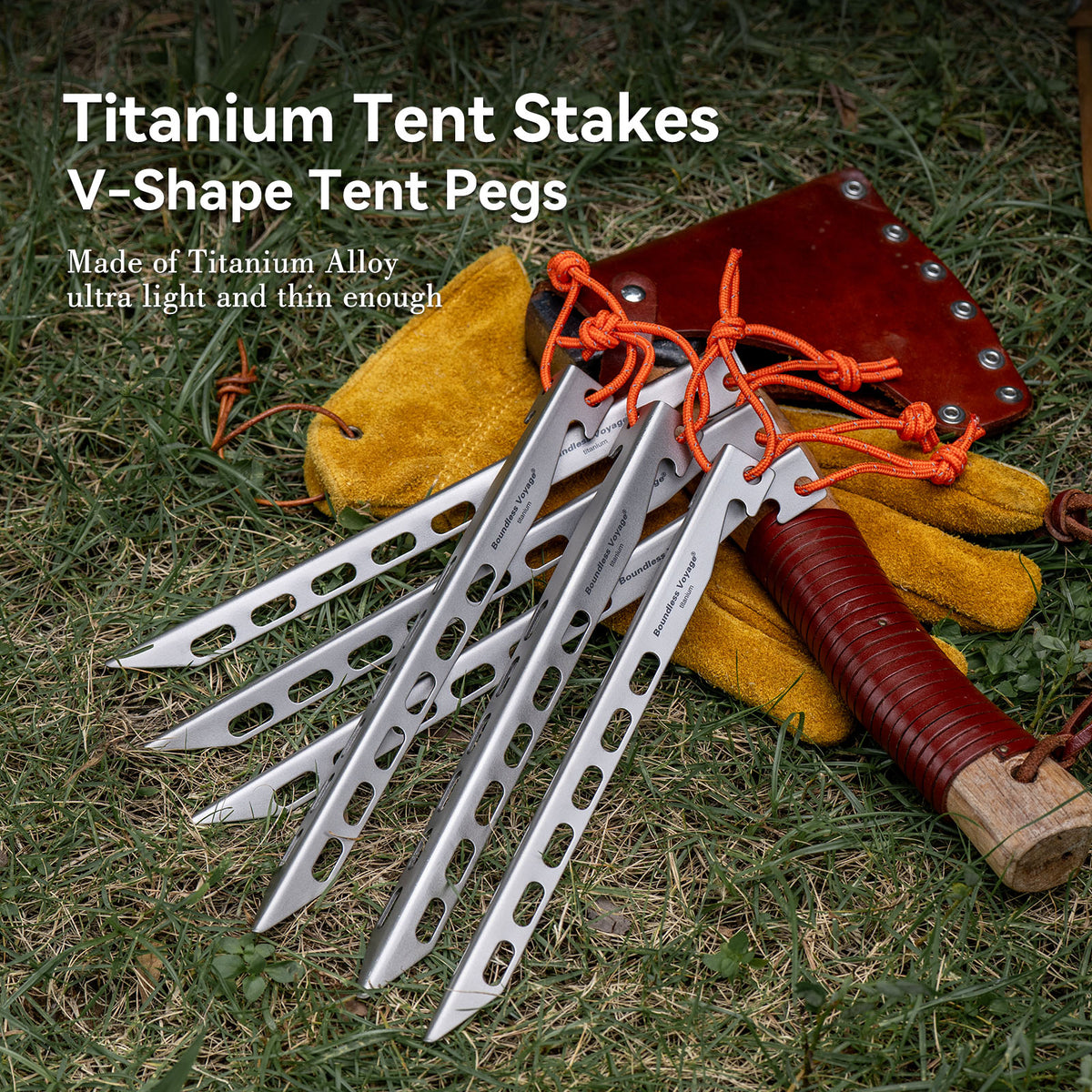 Boundless Voyage 22cm V-Shape Titanium Tent Stakes with 12-Hole Design, Ultralight Heavy Duty Ground Pegs for Camping Hiking Awning, 8Pcs Ti4011P
