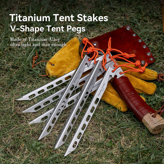 Boundless Voyage 22cm V-Shape Titanium Tent Stakes with 12-Hole Design, Ultralight Heavy Duty Ground Pegs for Camping Hiking Awning, 8Pcs Ti4011P