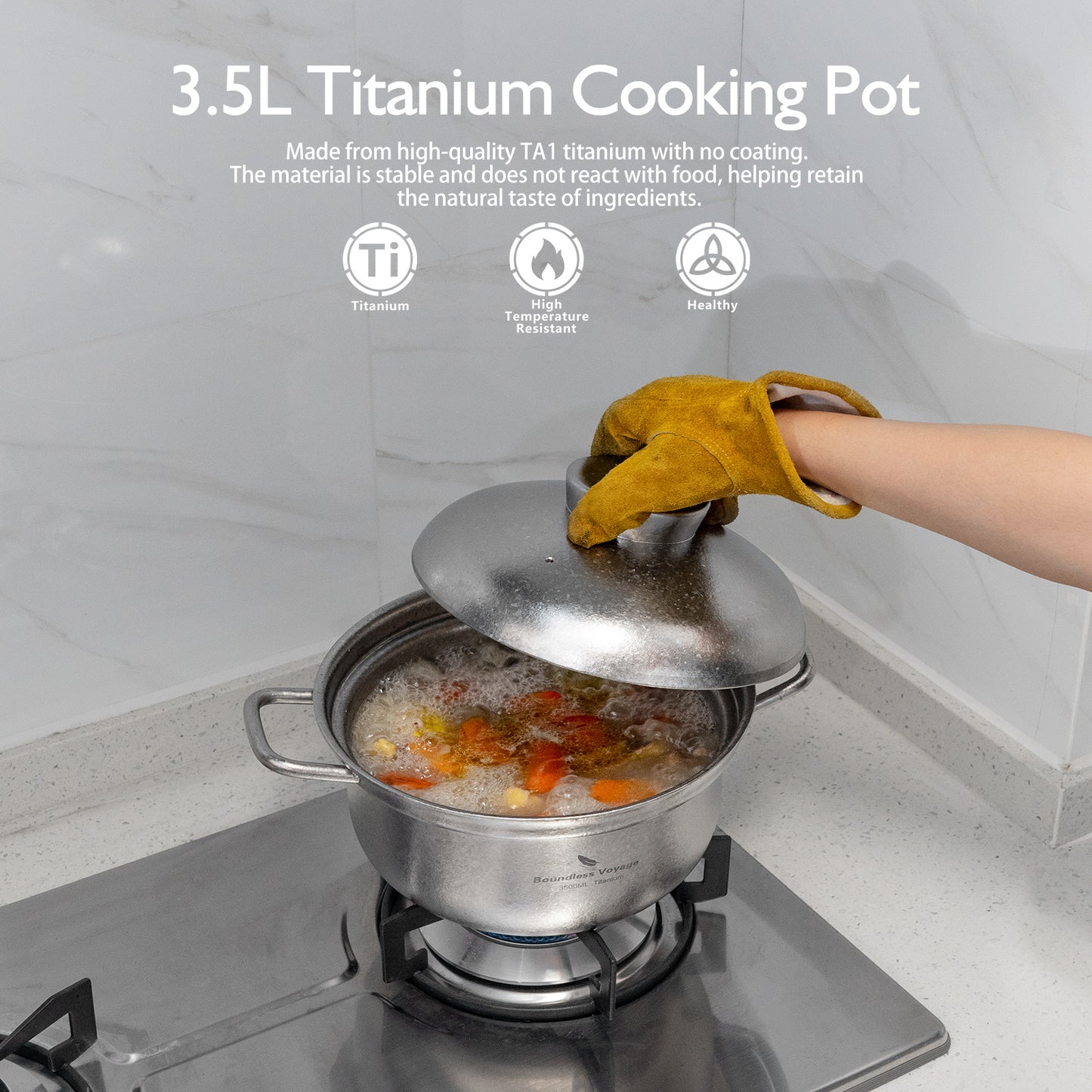 Boundless Voyage 3.5L Titanium Cooking Pot with Steam Vent Lid, 3mm Thick Crystalline Stovetop Pot for Home Kitchen Ti2116C