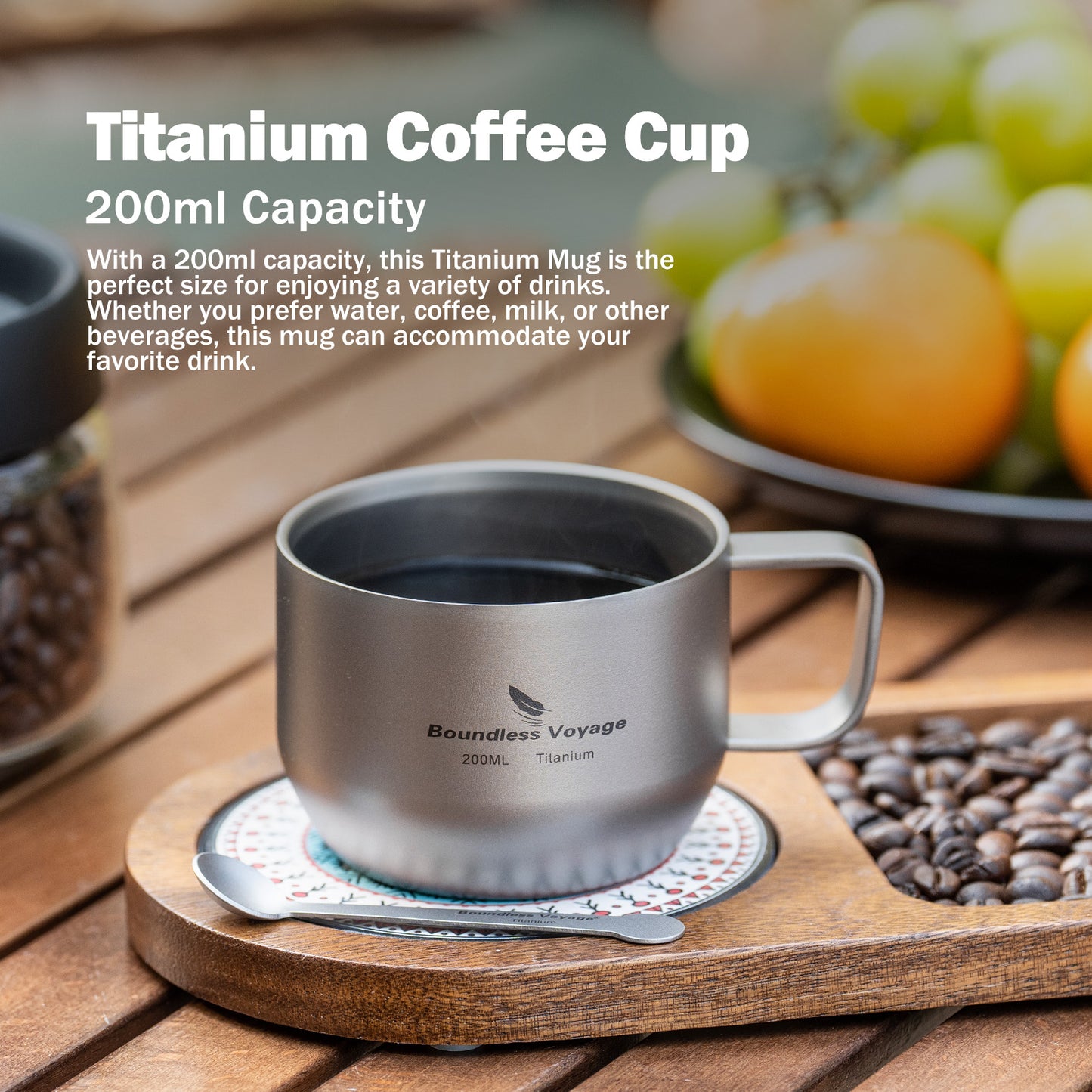 Boundless Voyage 200ml Double Wall Pure Titanium Mug | Ultralight Portable Coffee & Tea Cup for Camping, Travel & Outdoor Picnic Ti3086D