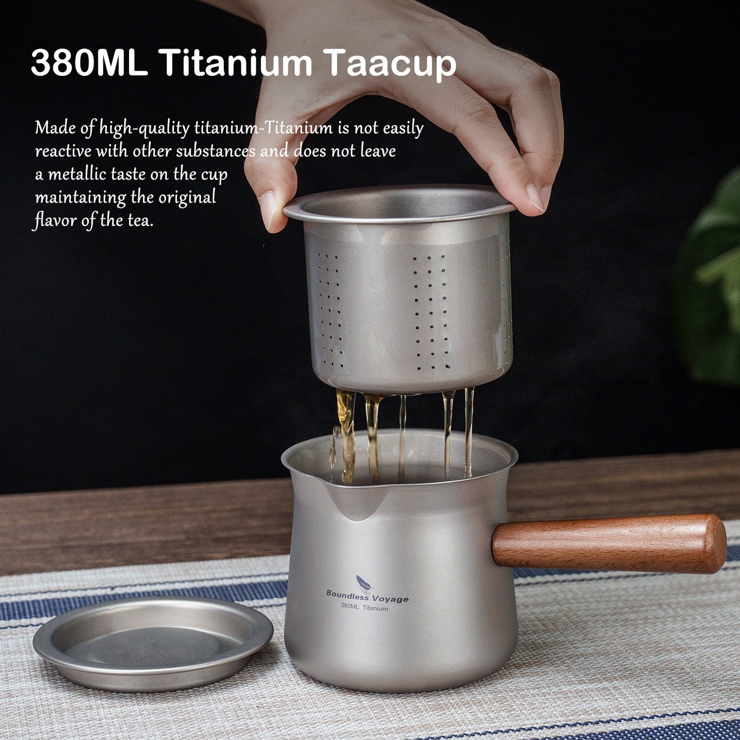 Boundless Voyage 380ml Titanium Tea Cup with Removable Wooden Handle & Filter Strainer, Ultralight Portable Mug Ti3141D