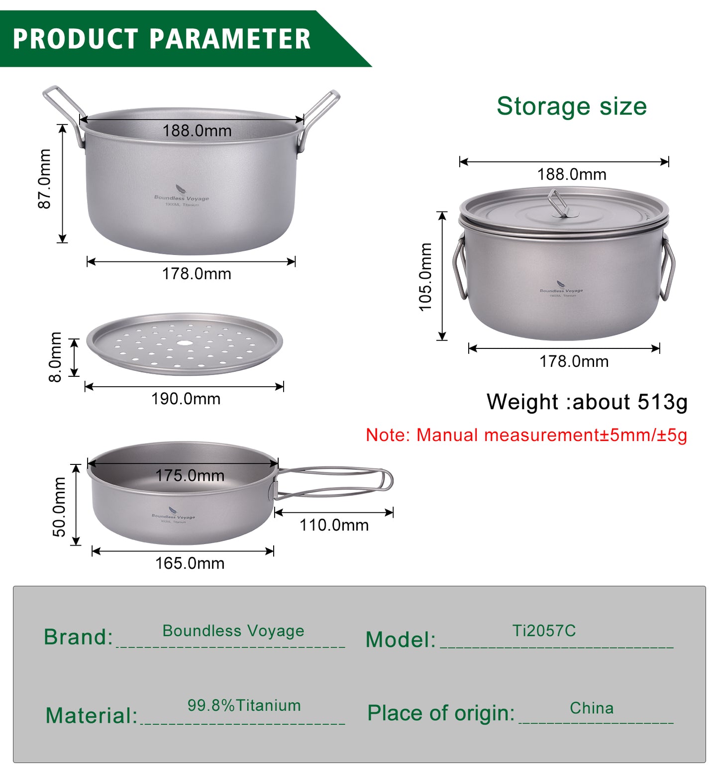 Boundless Voyage Multifunctional Titanium Cookware Set, 1900ml Soup Stockpot + 900ml Frying Pan with Lid & Tea Tray, Portable Outdoor Camping Mess Kit Ti2057C